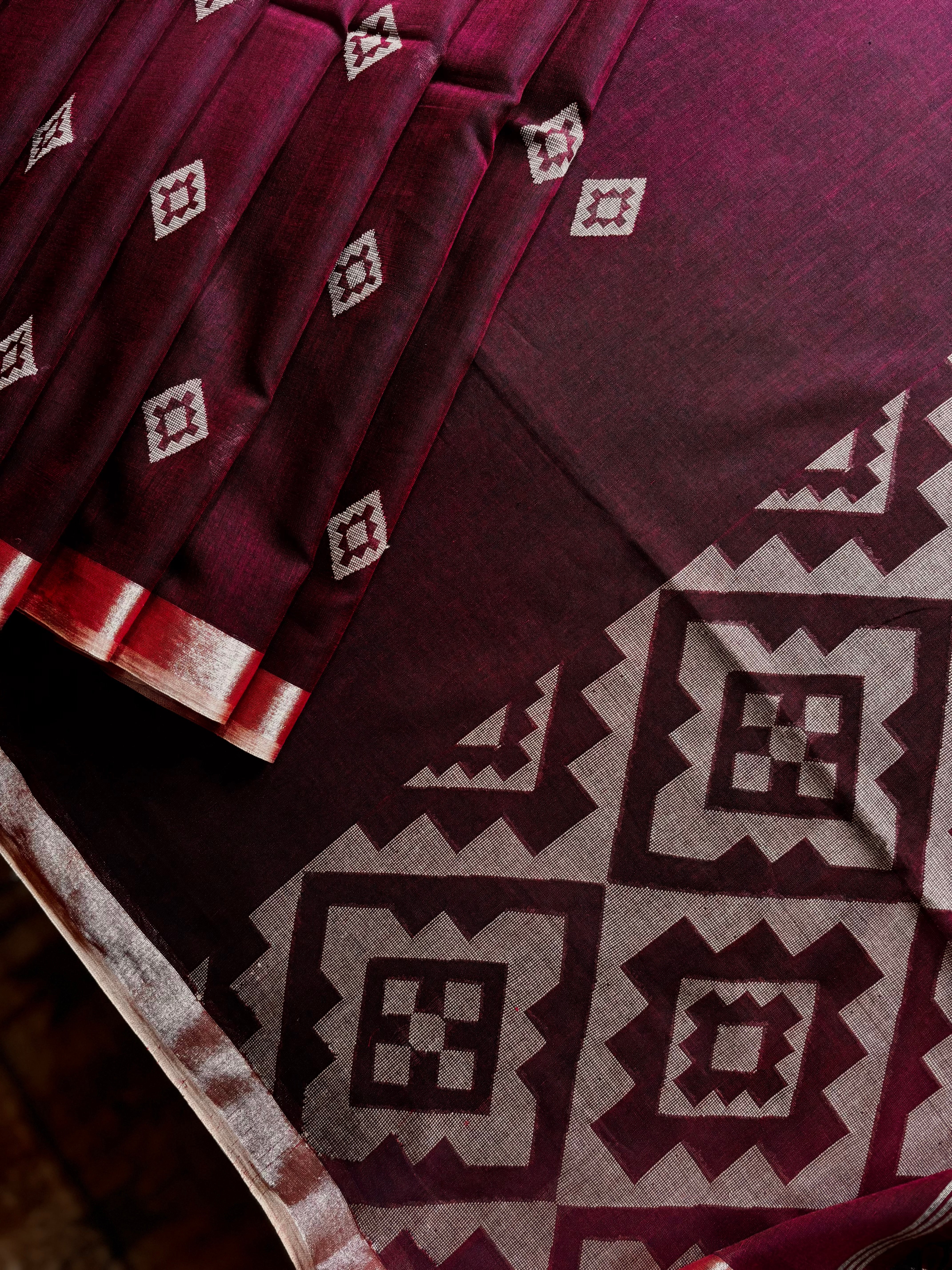 Handwoven Wine Colour Jamdani Cotton Saree