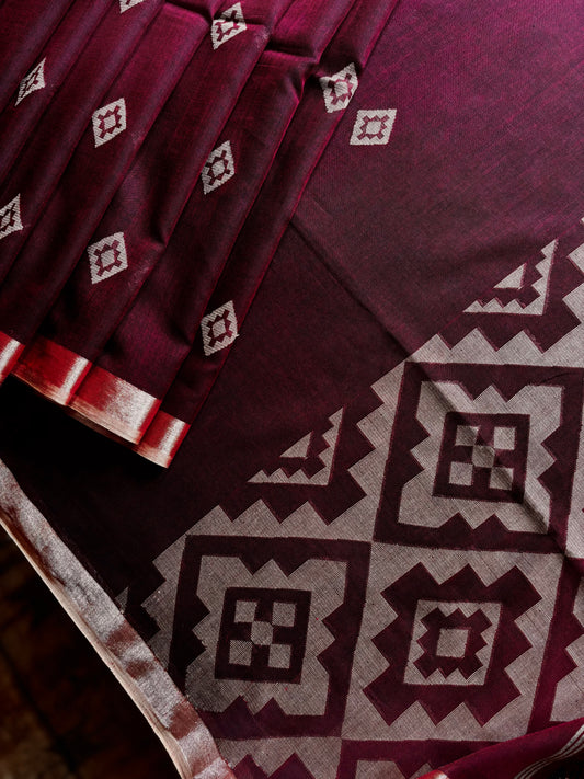 Handwoven Wine Colour Jamdani Cotton Saree