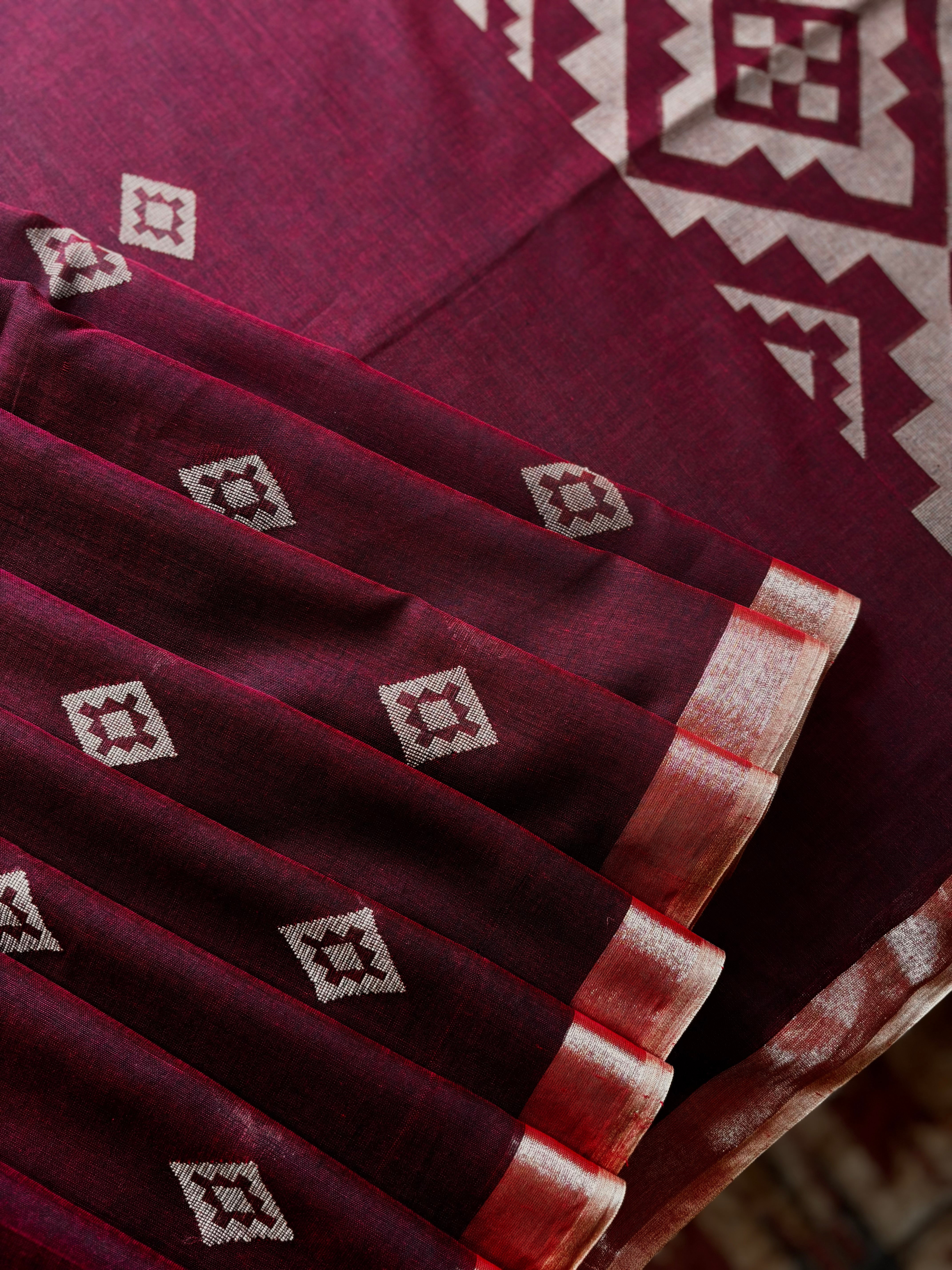 Handwoven Wine Colour Jamdani Cotton Saree