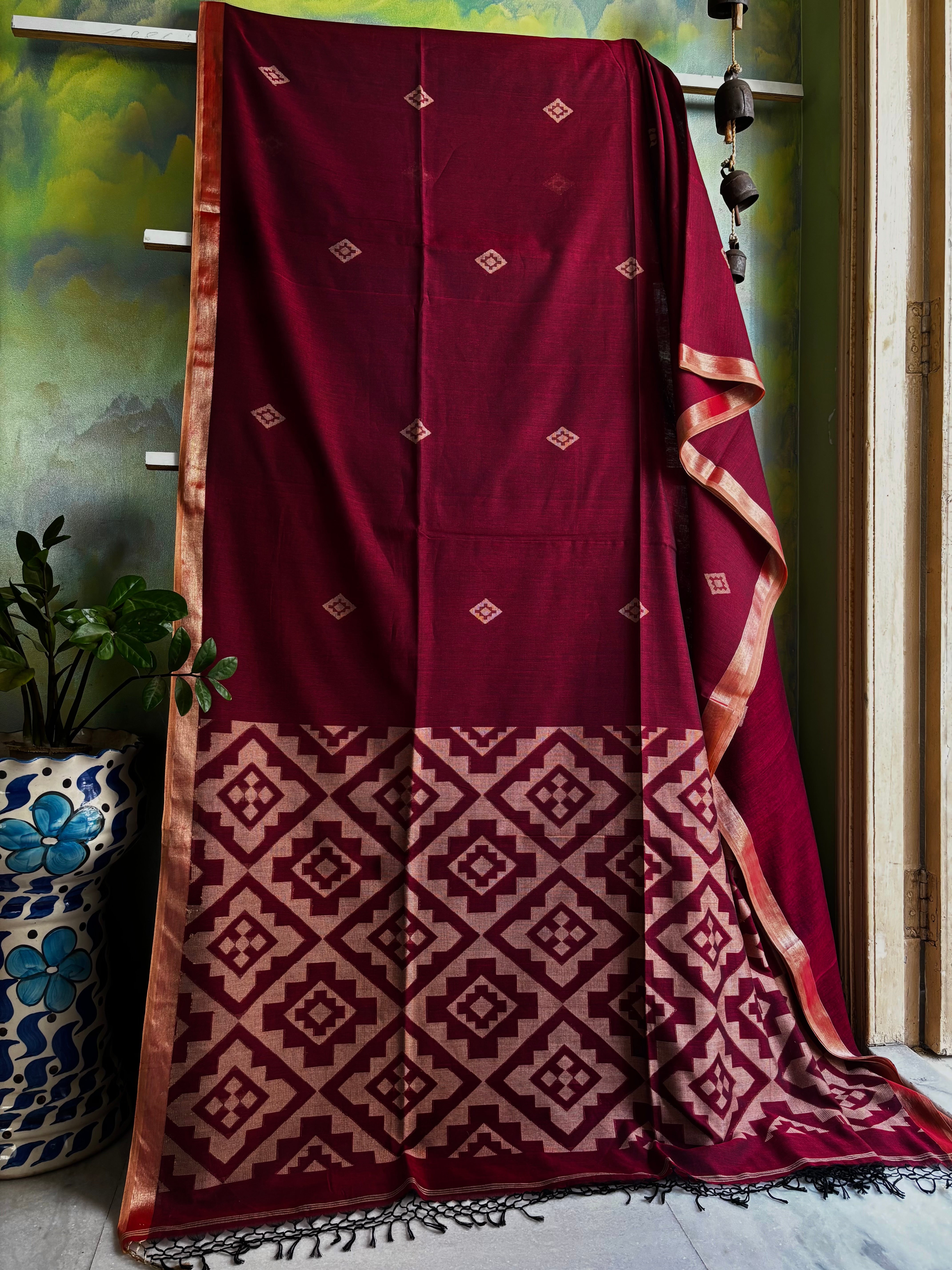 Handwoven Wine Colour Jamdani Cotton Saree