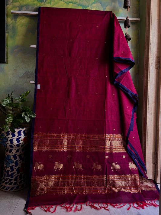 Handwoven Wine Colour Cotton Kanchipuram Saree