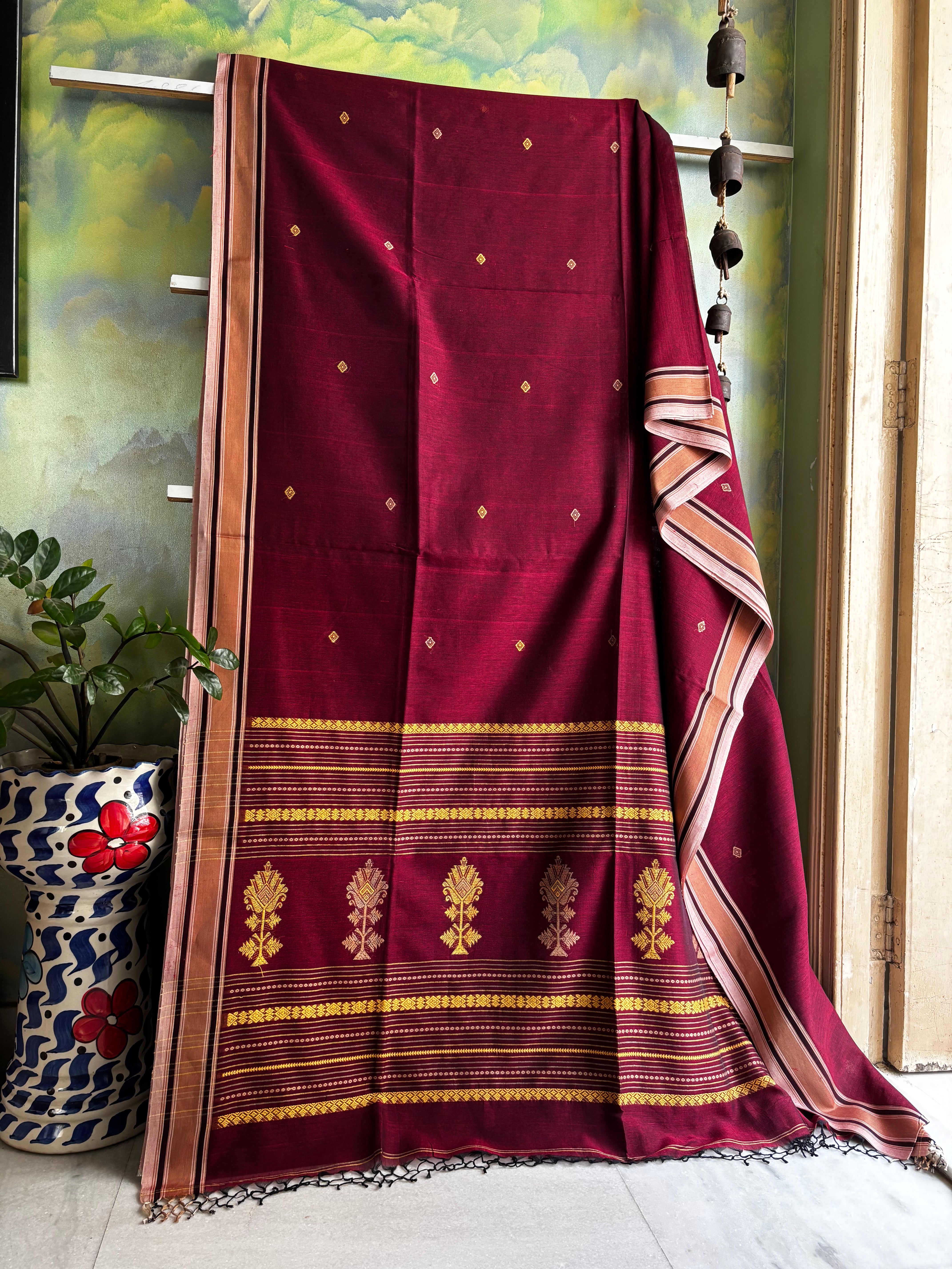Handwoven Maroon Colour Phulia Cotton Saree