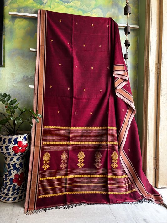 Handwoven Maroon Colour Phulia Cotton Saree