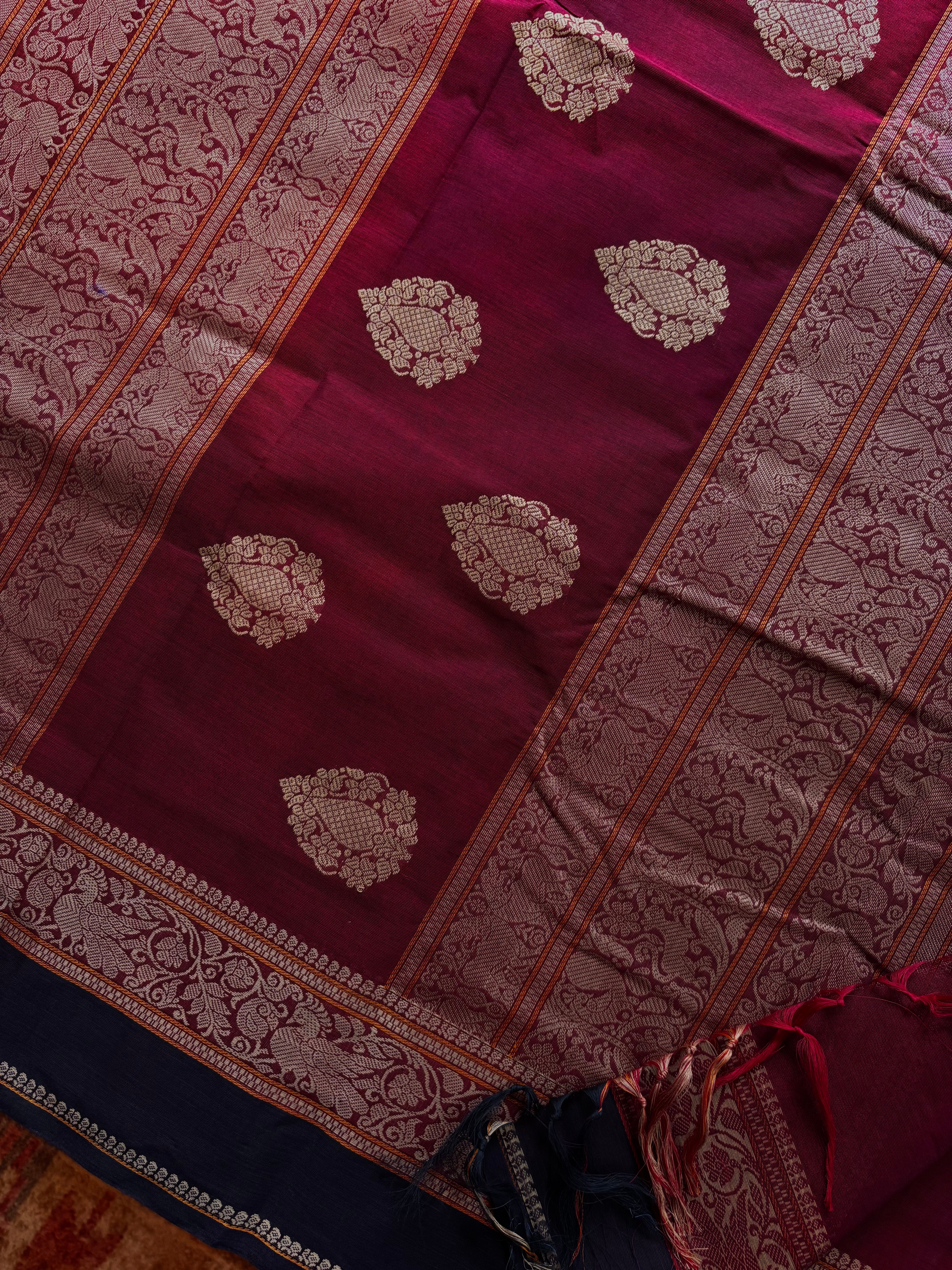 Handwoven Maroon Colour Cotton Kanchipuram Saree