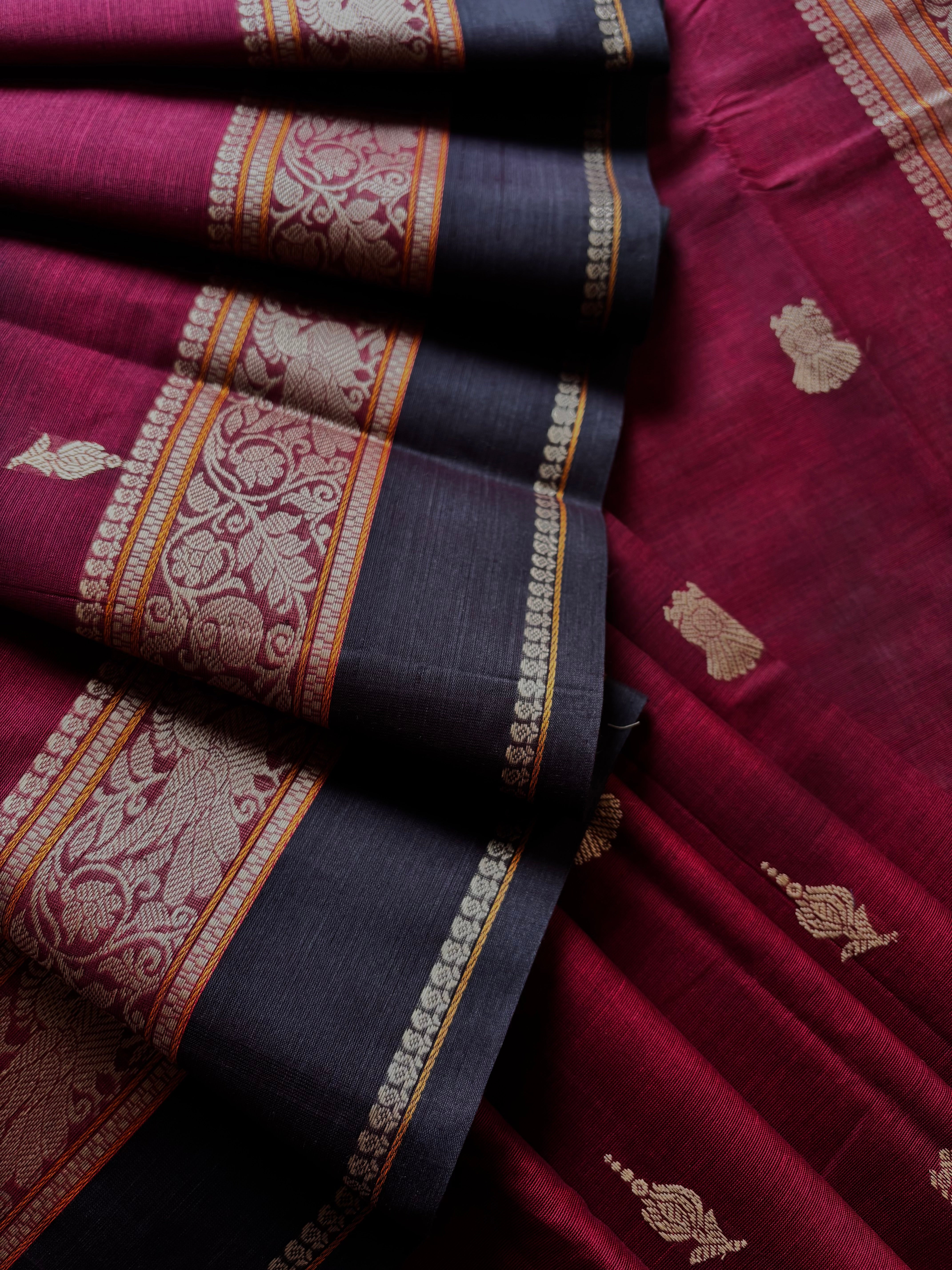 Handwoven Maroon Colour Cotton Kanchipuram Saree