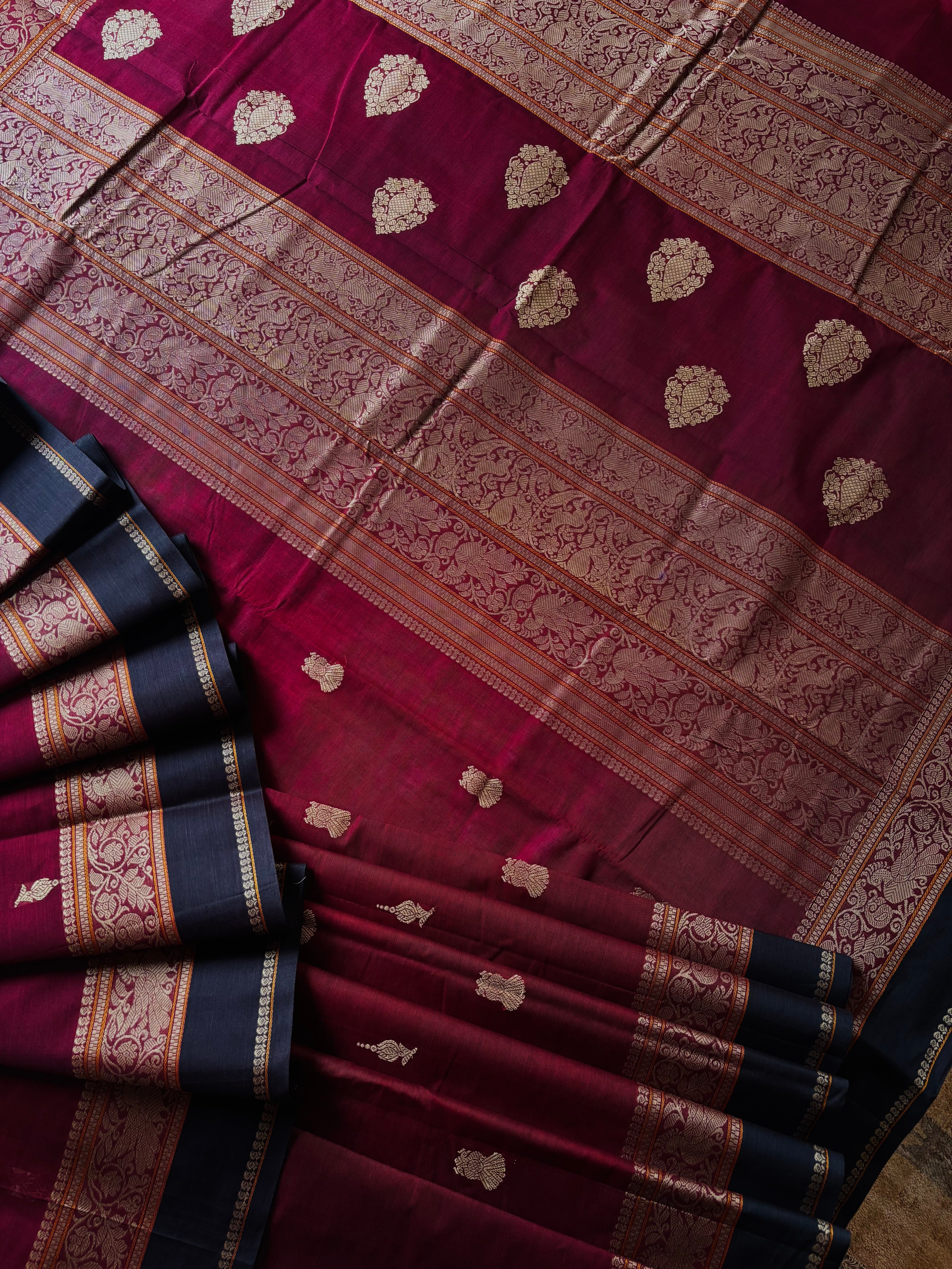 Handwoven Maroon Colour Cotton Kanchipuram Saree