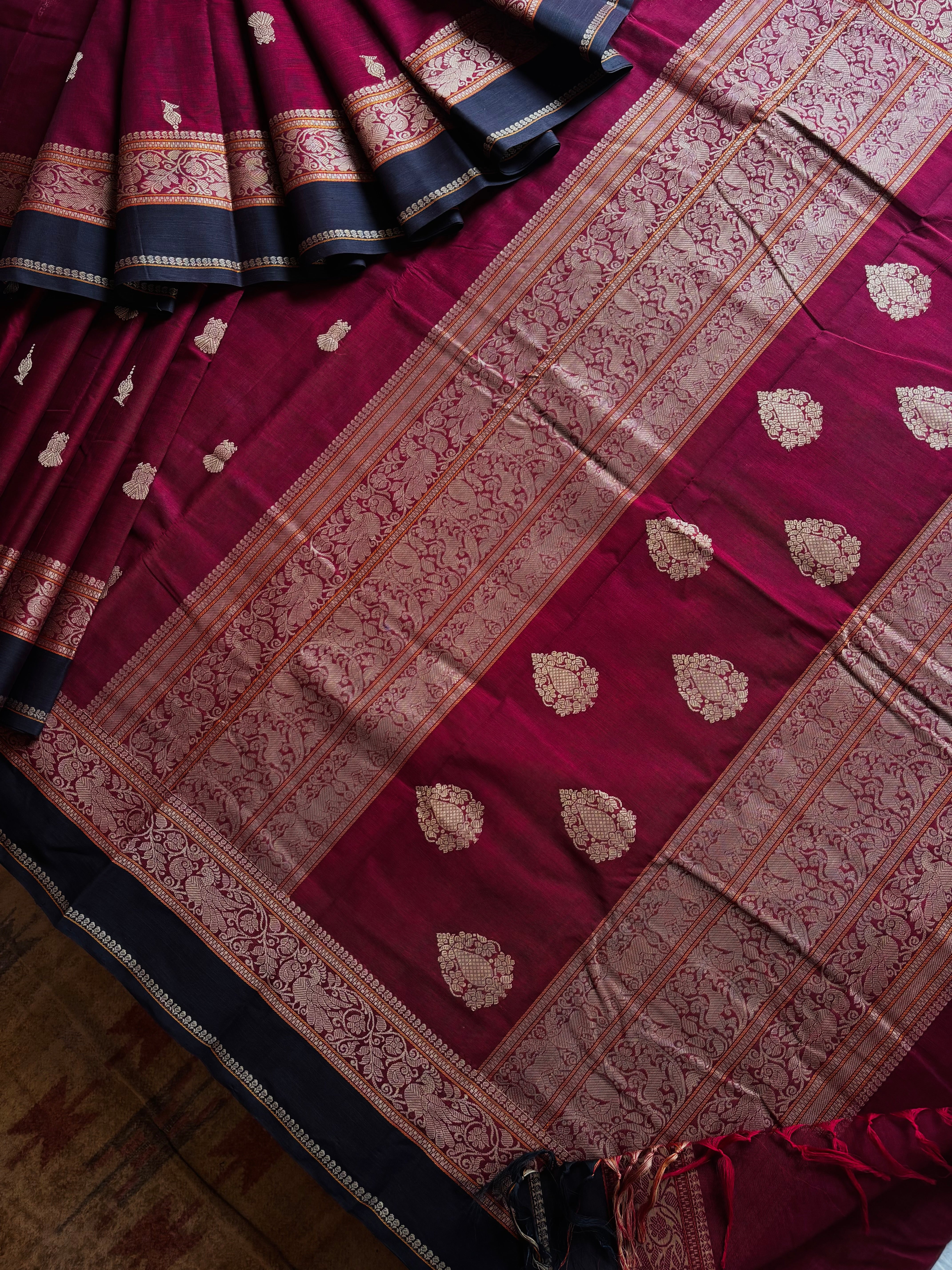 Handwoven Maroon Colour Cotton Kanchipuram Saree