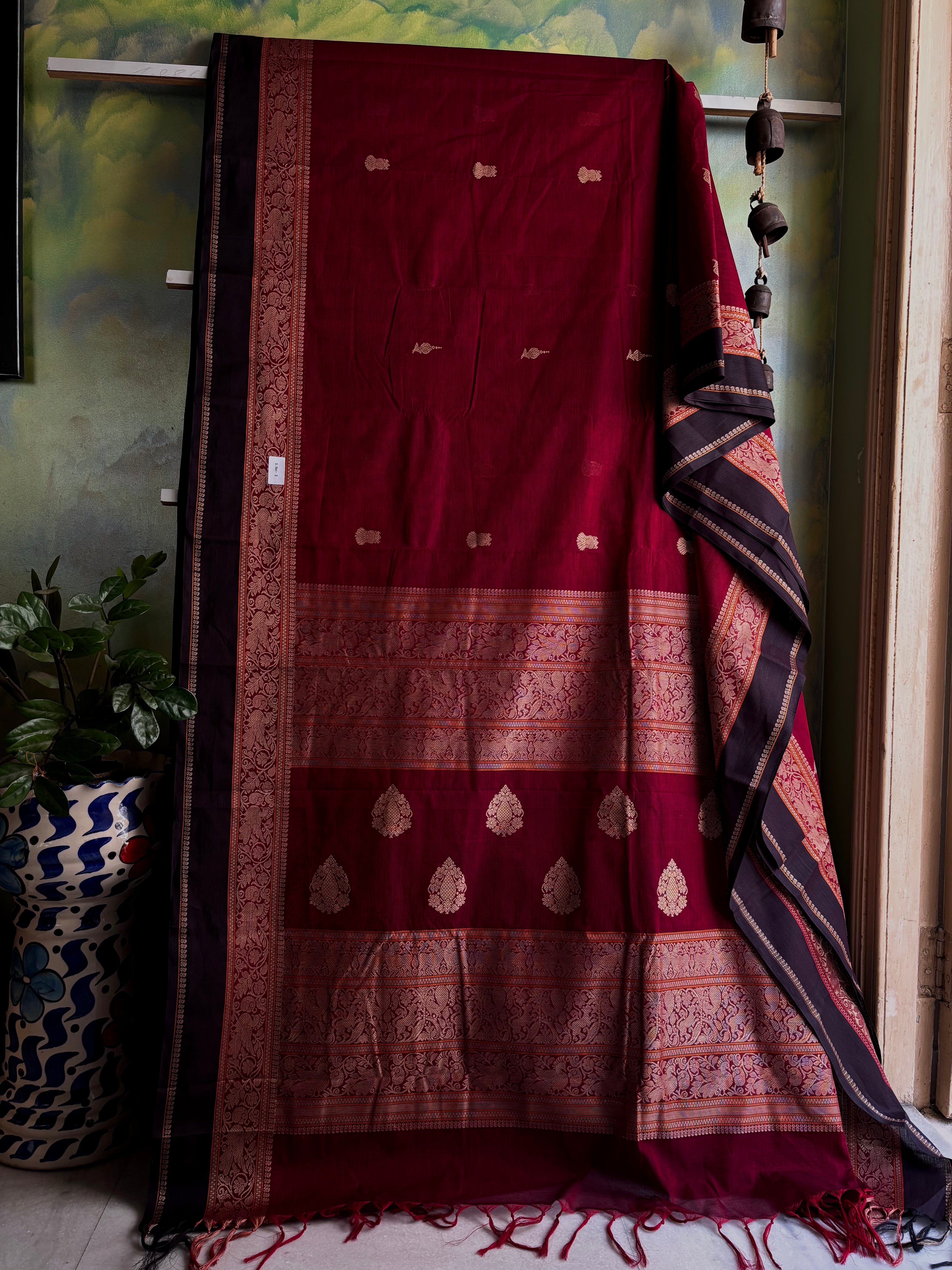 Handwoven Maroon Colour Cotton Kanchipuram Saree