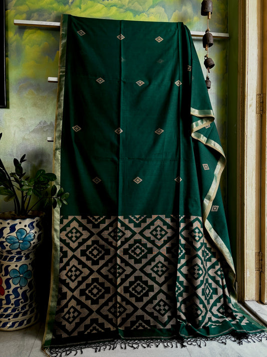 Handwoven Panna Green Cotton Jamdani Saree