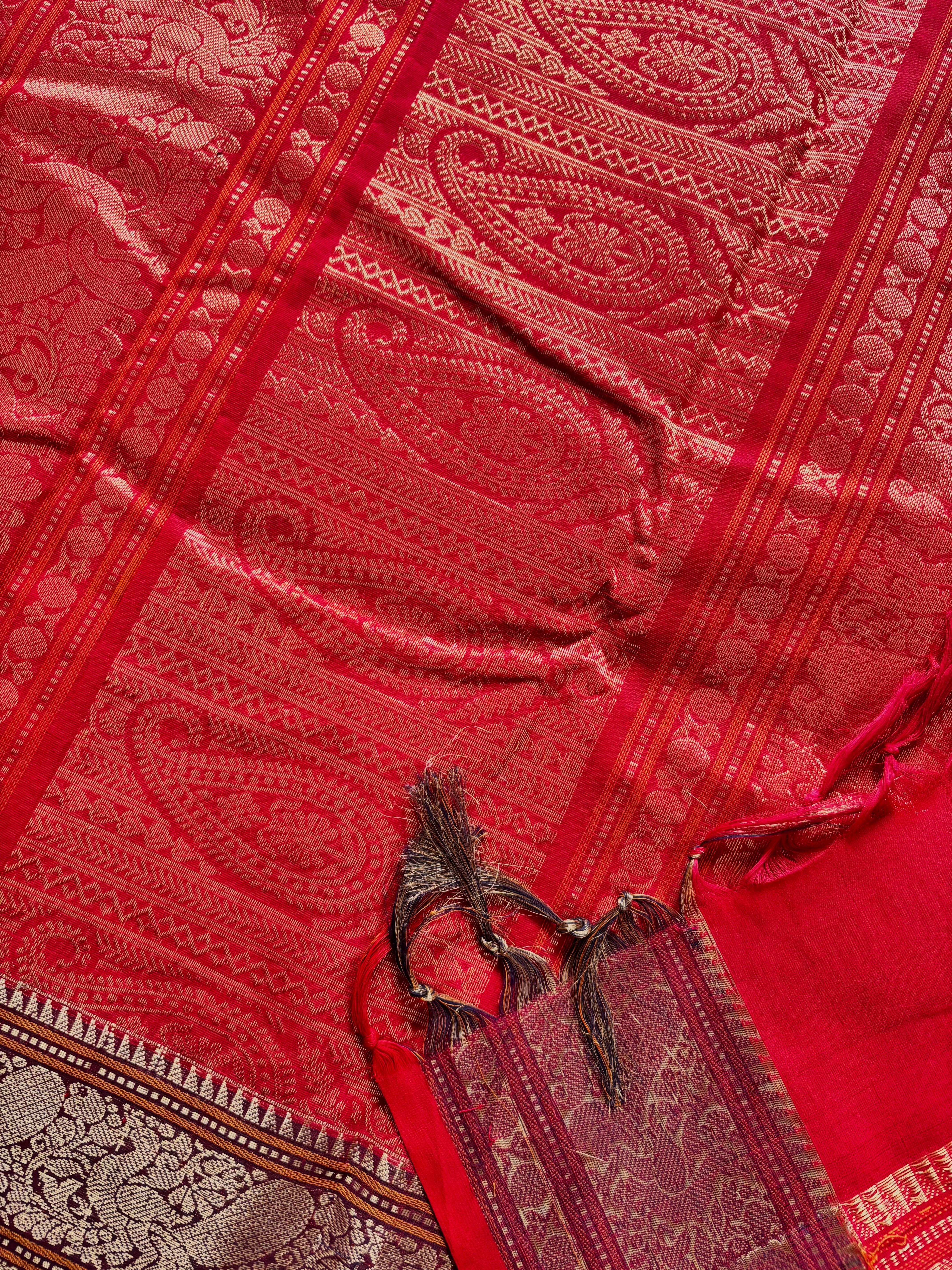Handwoven Red Cotton Kanchipuram Saree