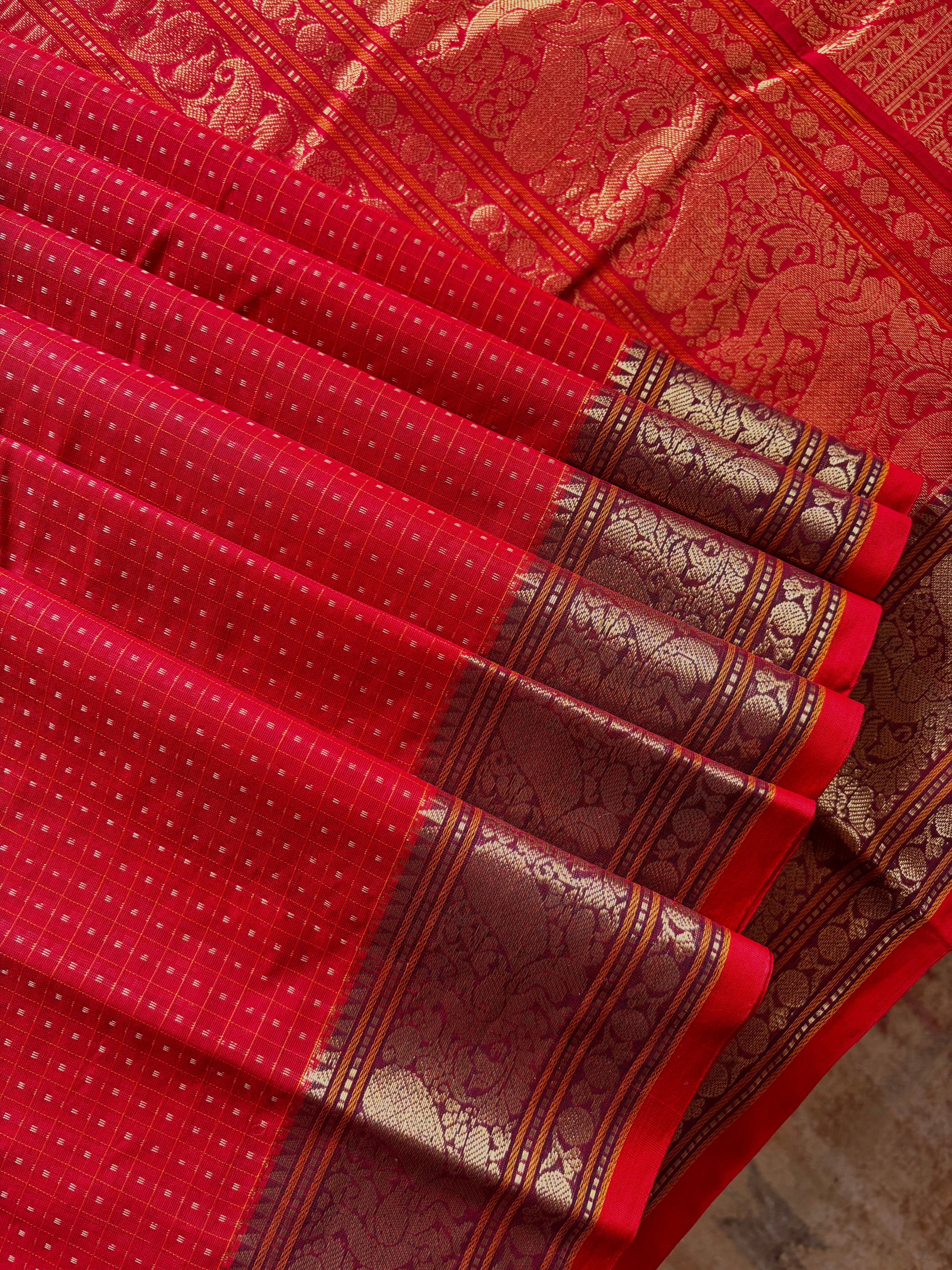 Handwoven Red Cotton Kanchipuram Saree