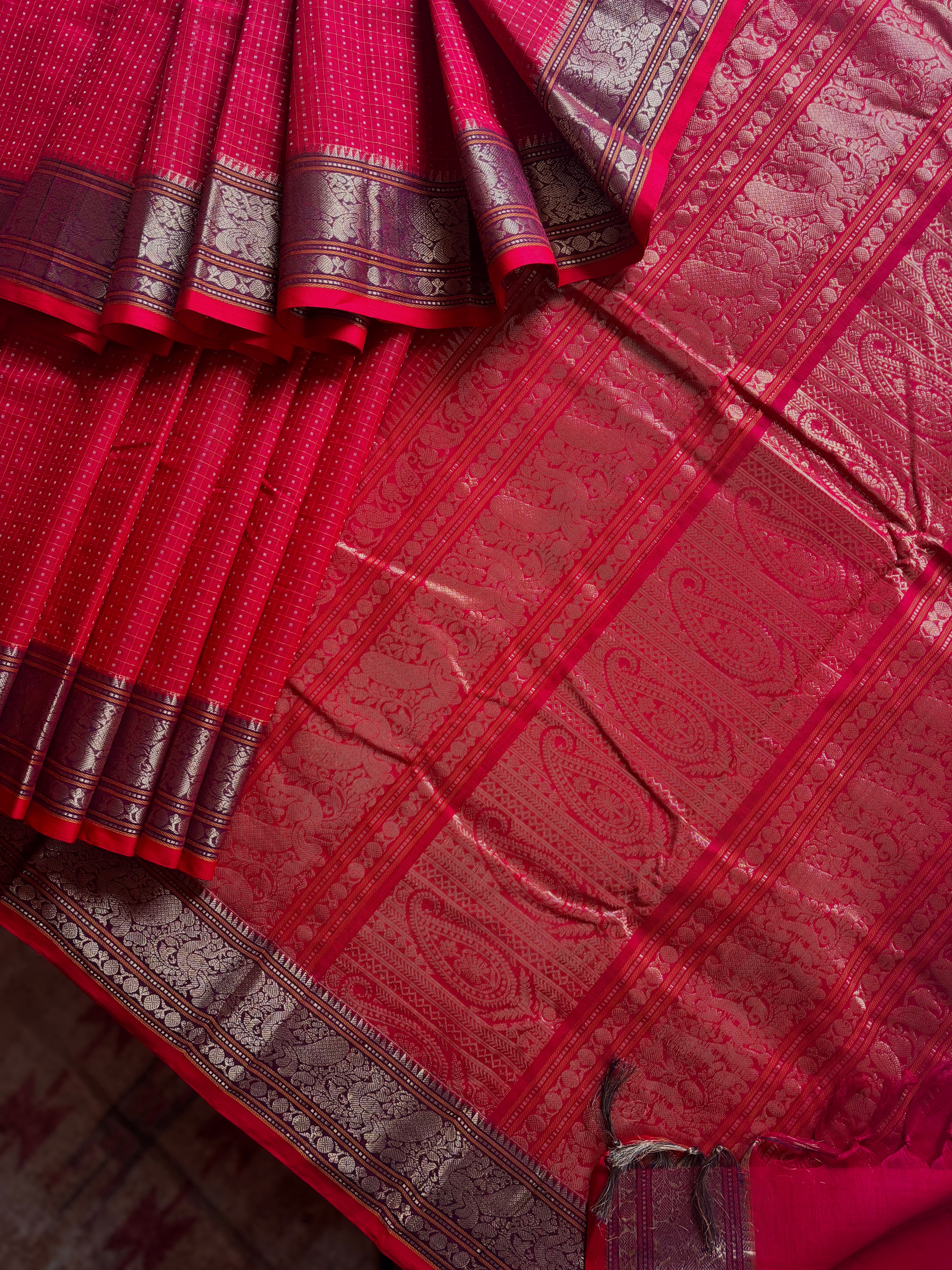 Handwoven Red Cotton Kanchipuram Saree