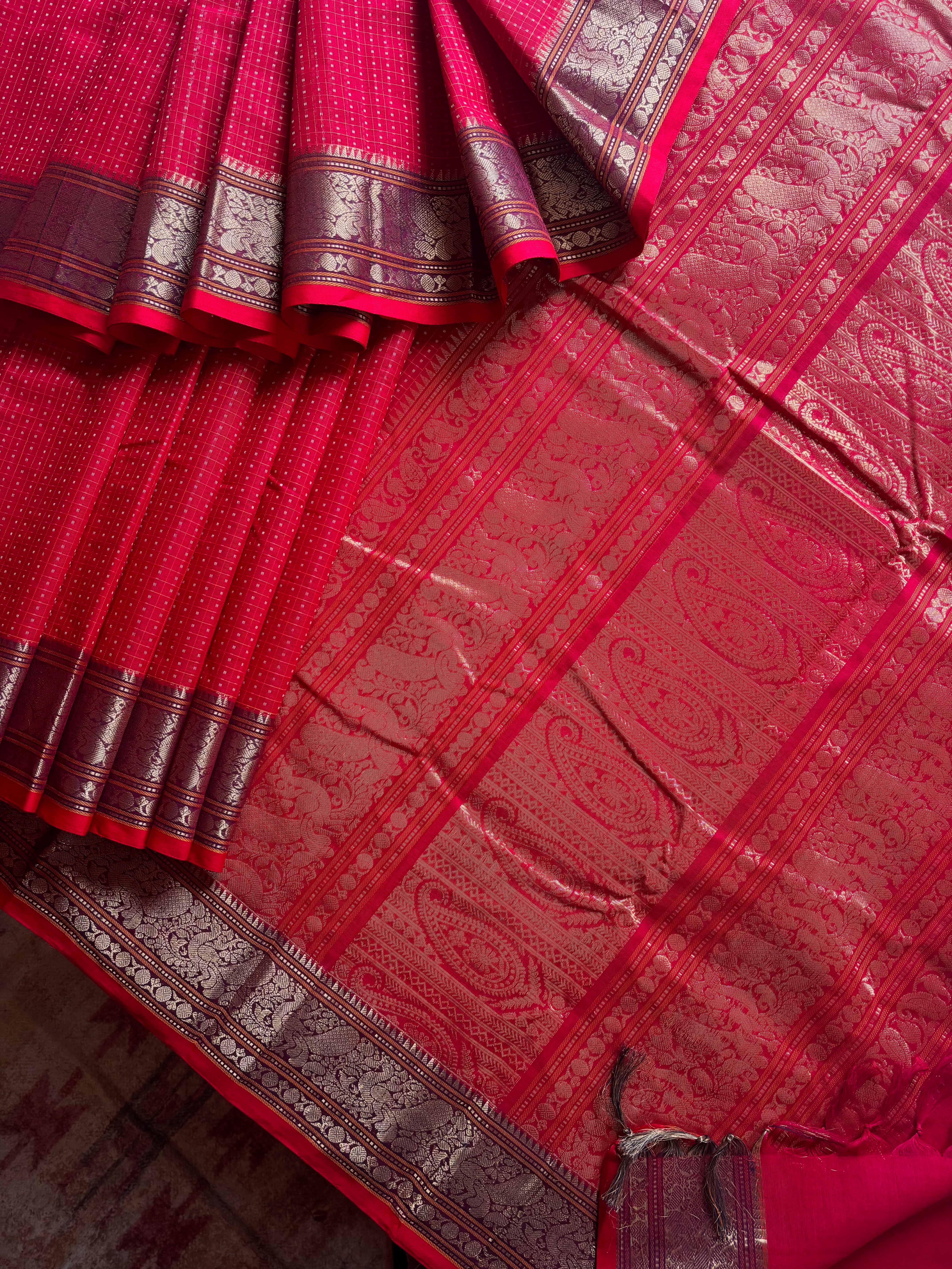 Handwoven Red Cotton Kanchipuram Saree