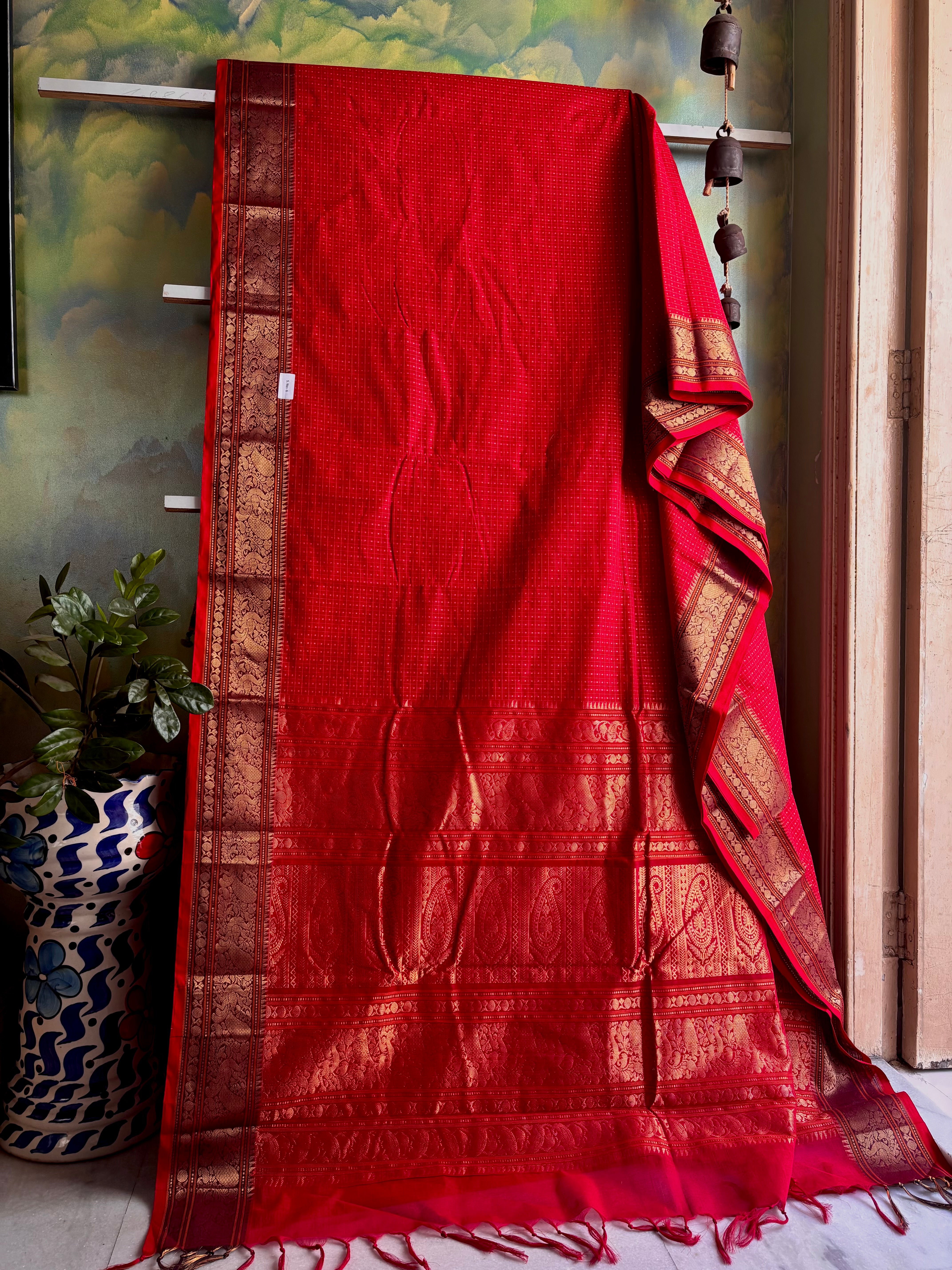 Handwoven Red Cotton Kanchipuram Saree