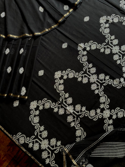 Handwoven Black White Cotton Jamdani Saree