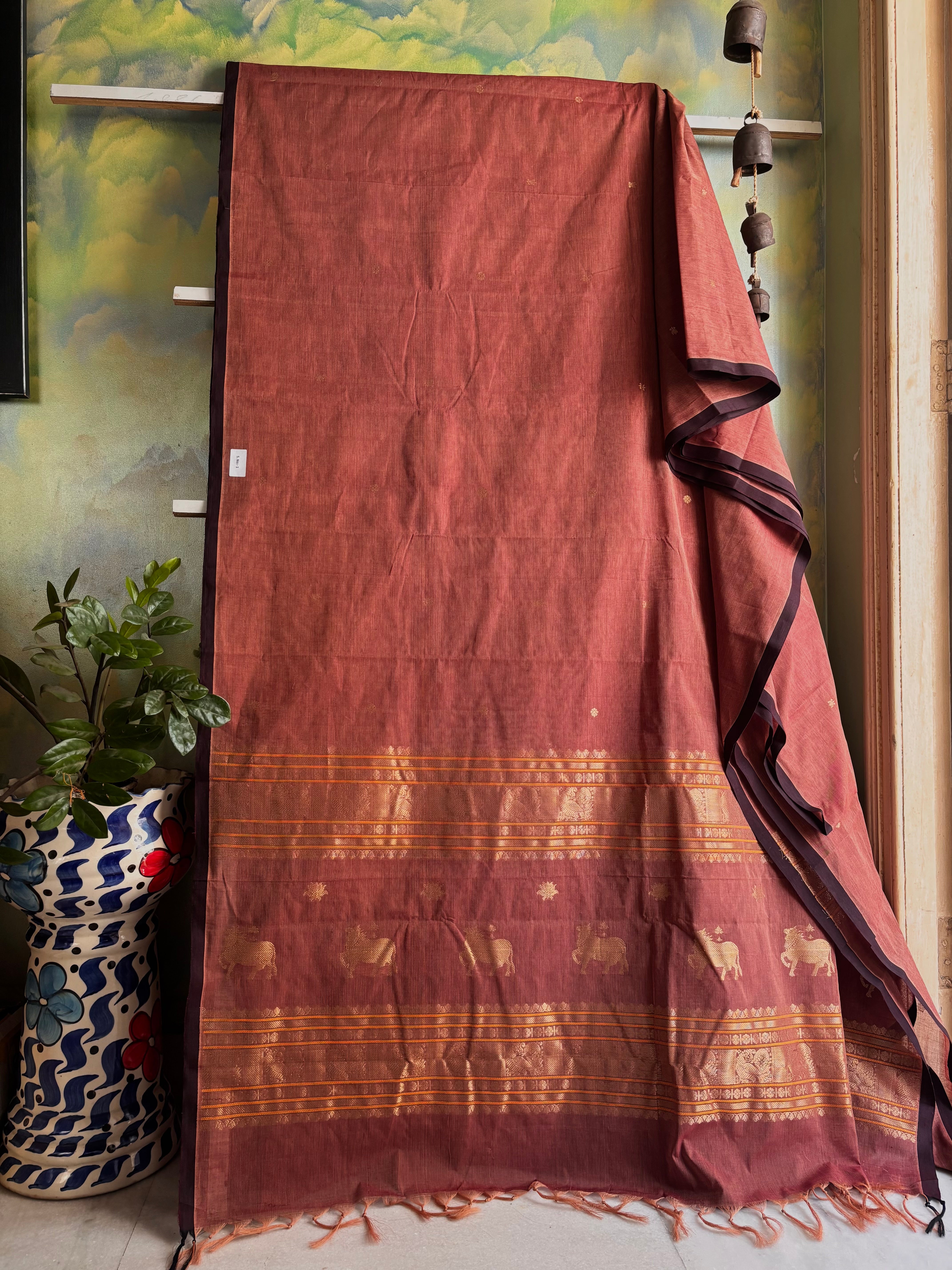 Handwoven Cinnamon Colour Cotton Kanchipuram Saree