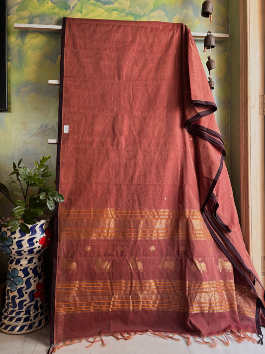 Handwoven Cinnamon Colour Cotton Kanchipuram Saree