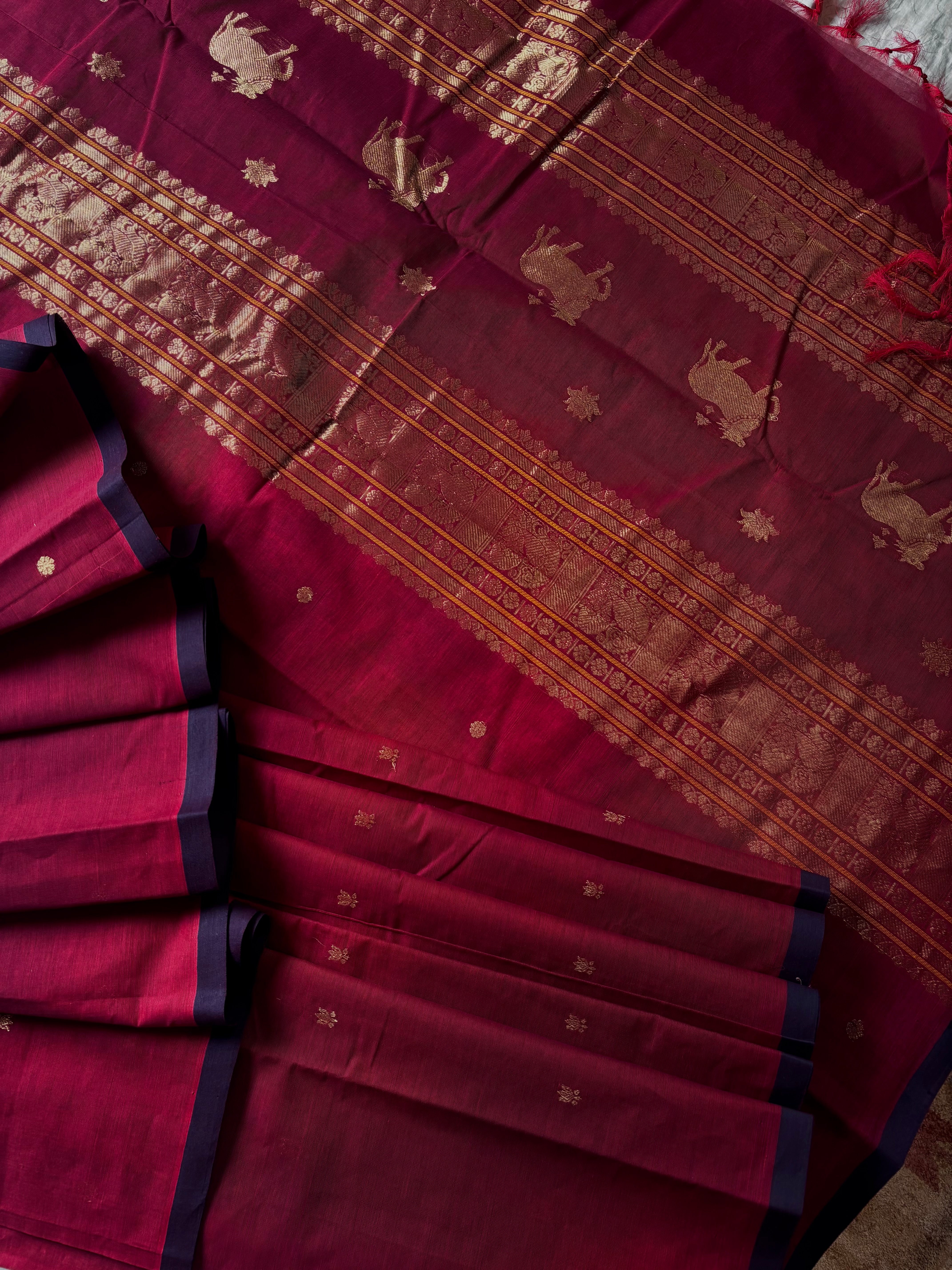 Handwoven Maroon Colour Cotton Kanchipuram Saree
