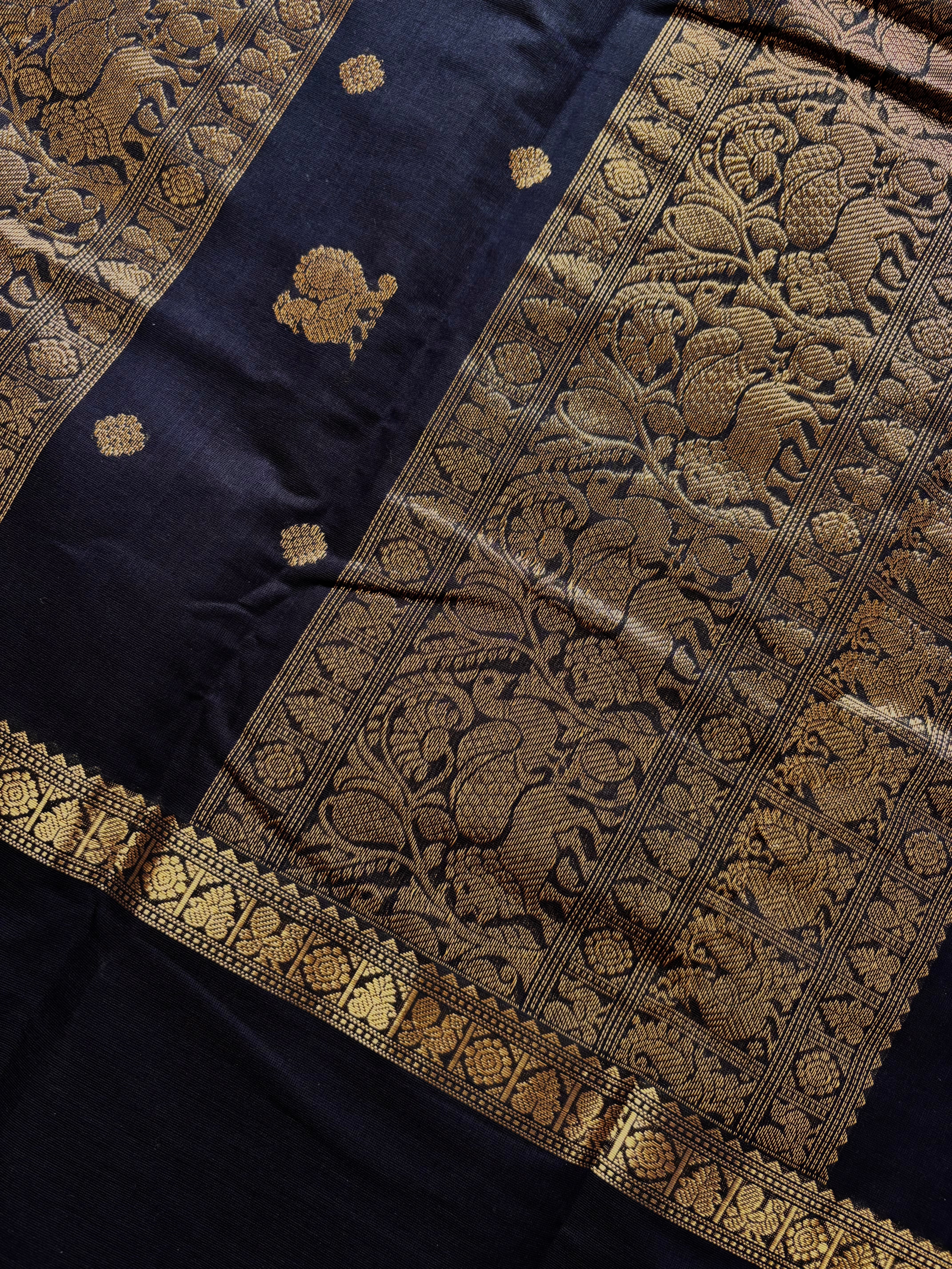 Handwoven Blue Black Colour Cotton Kanchipuram Saree