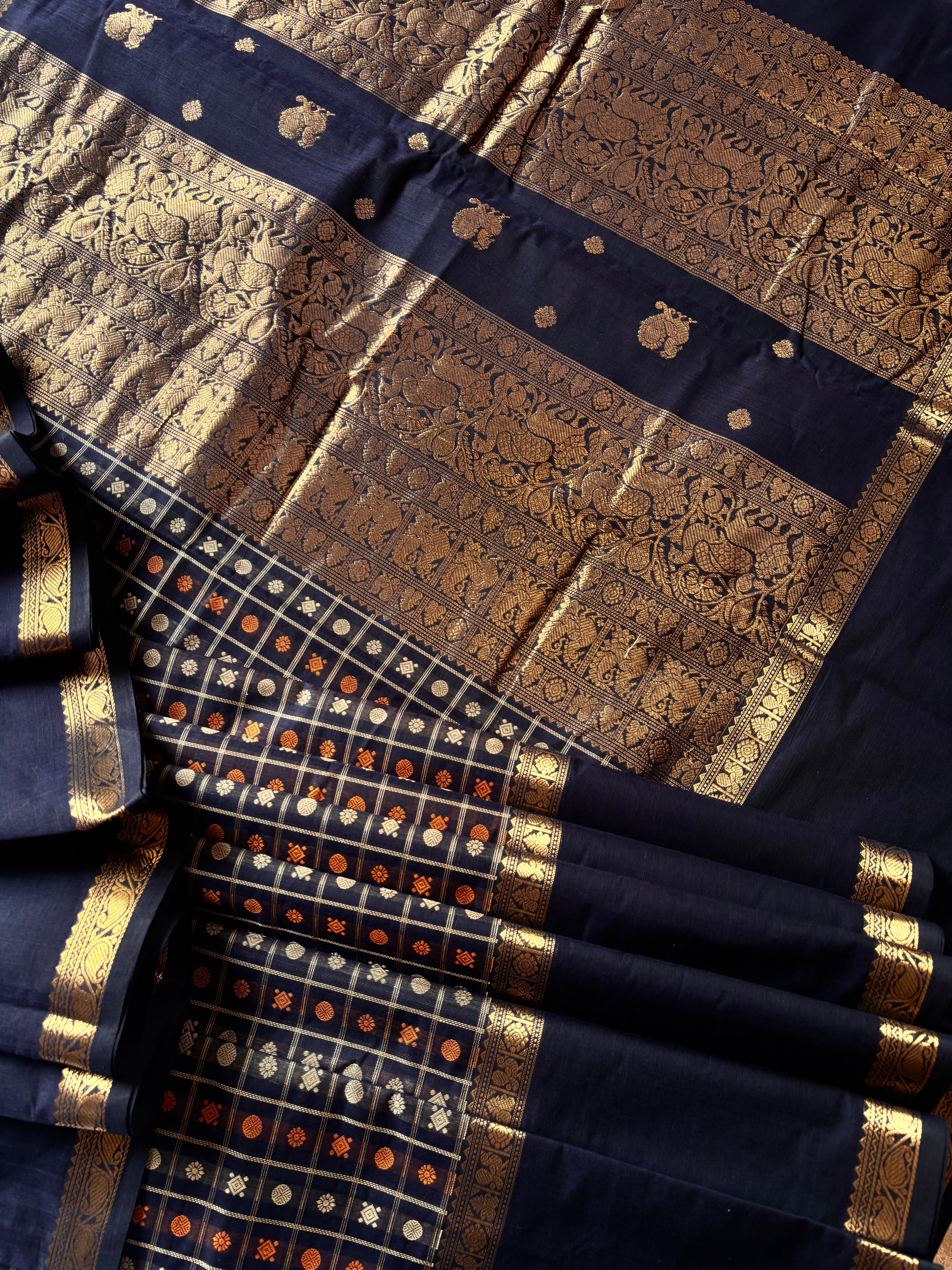 Handwoven Blue Black Colour Cotton Kanchipuram Saree