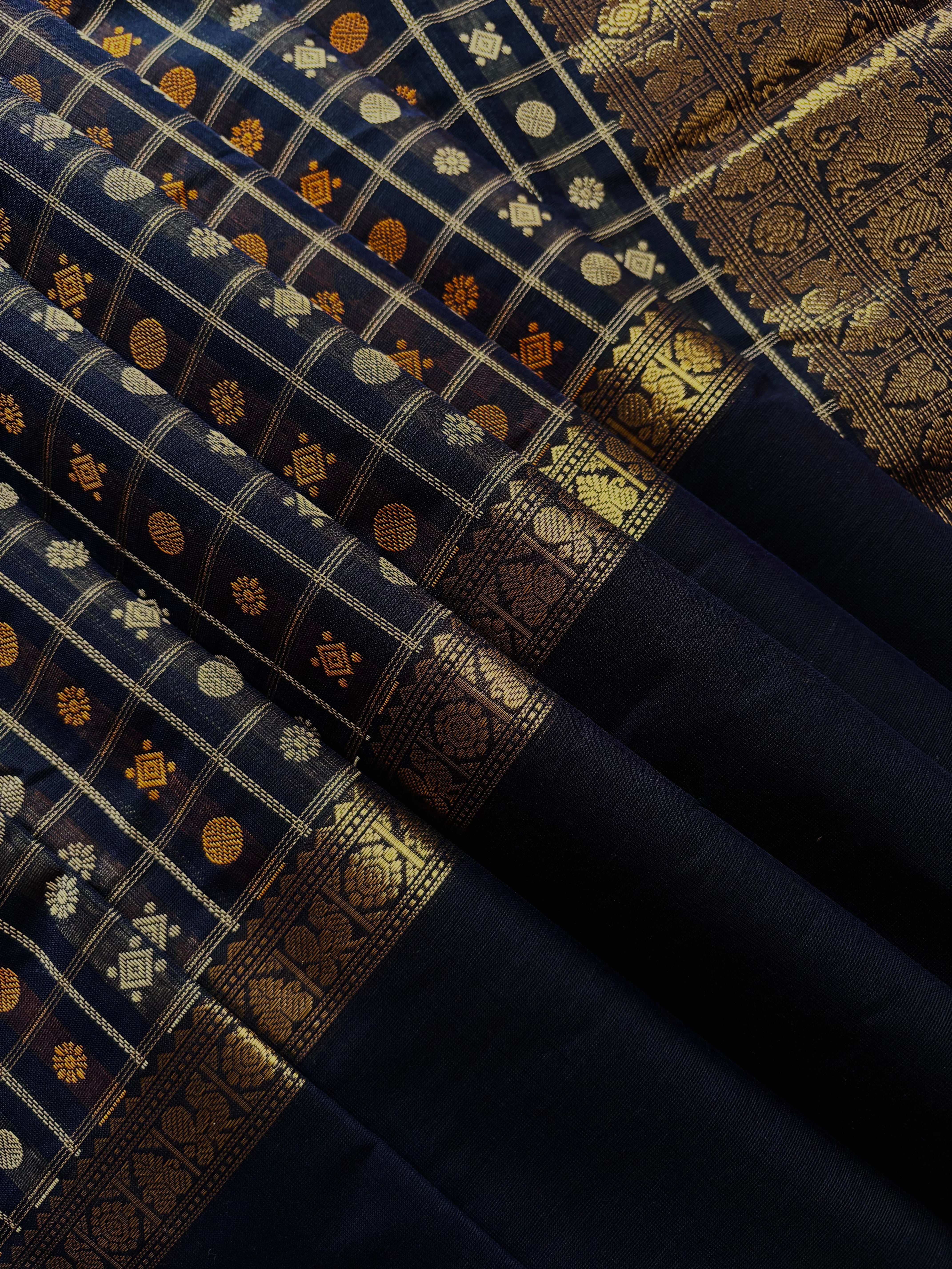 Handwoven Blue Black Colour Cotton Kanchipuram Saree