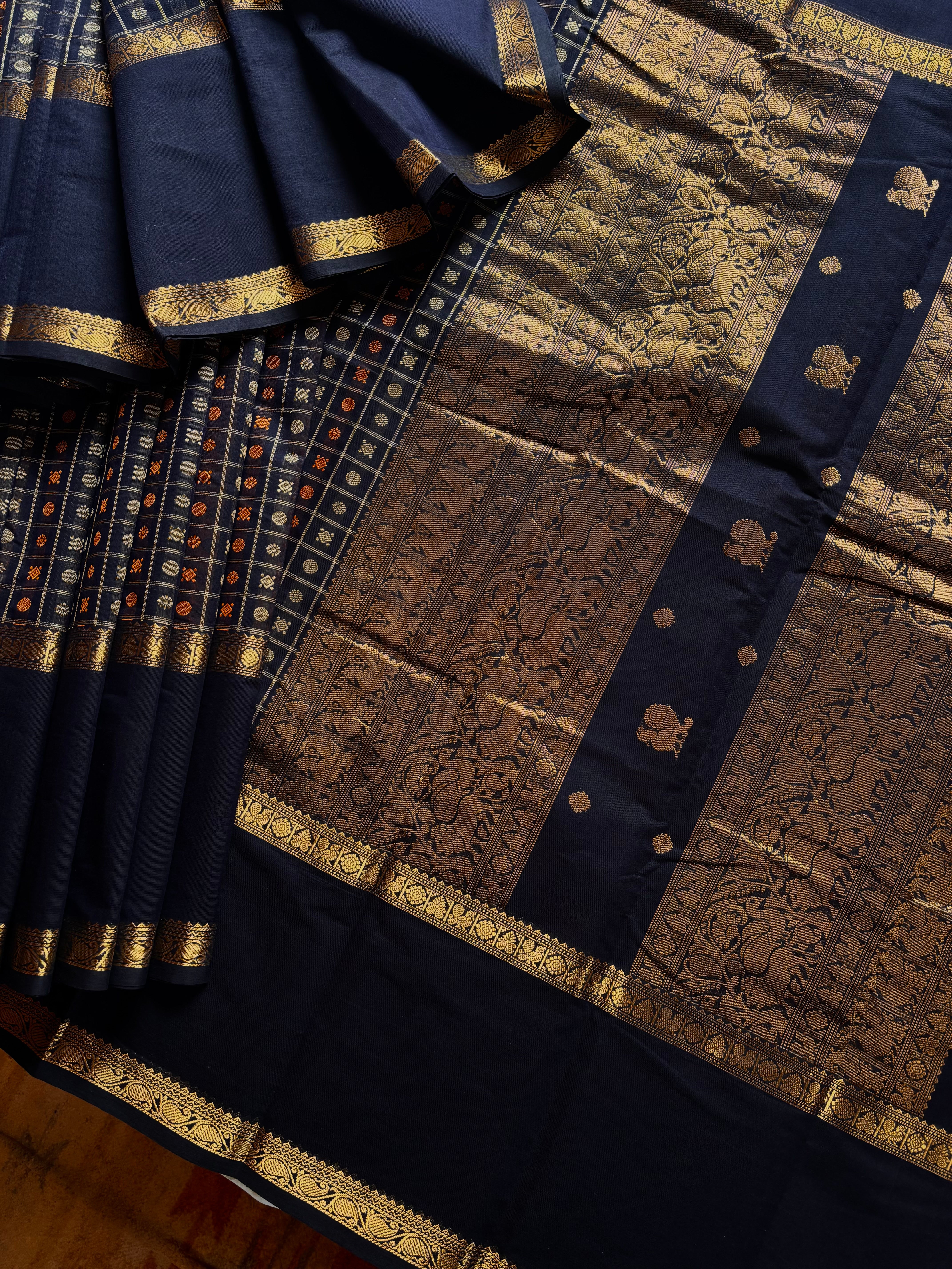 Handwoven Blue Black Colour Cotton Kanchipuram Saree