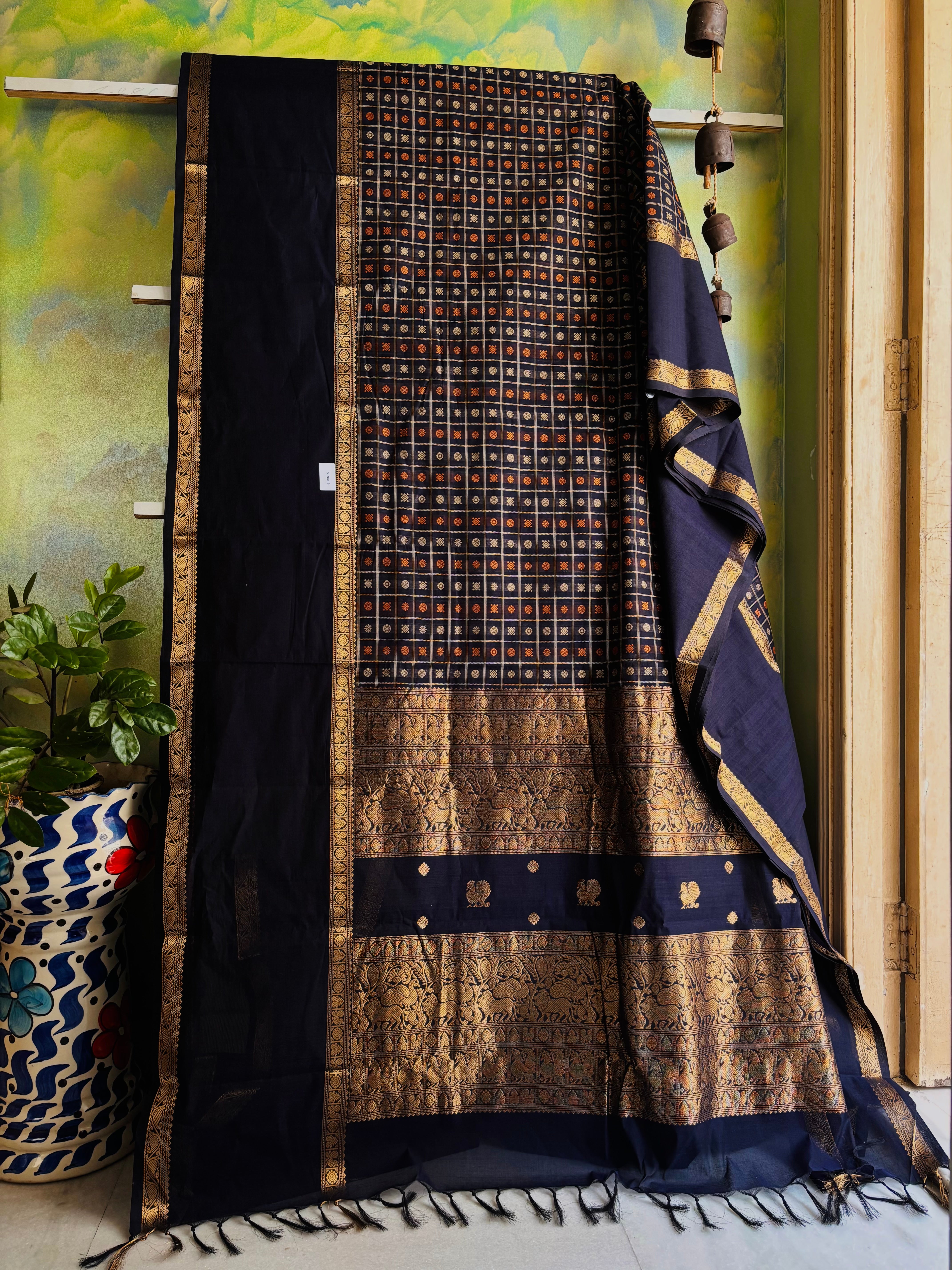 Handwoven Blue Black Colour Cotton Kanchipuram Saree