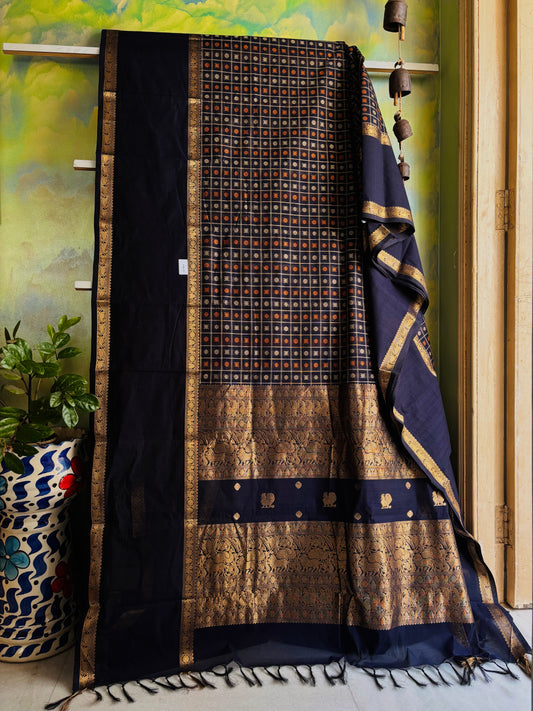 Handwoven Blue Black Colour Cotton Kanchipuram Saree