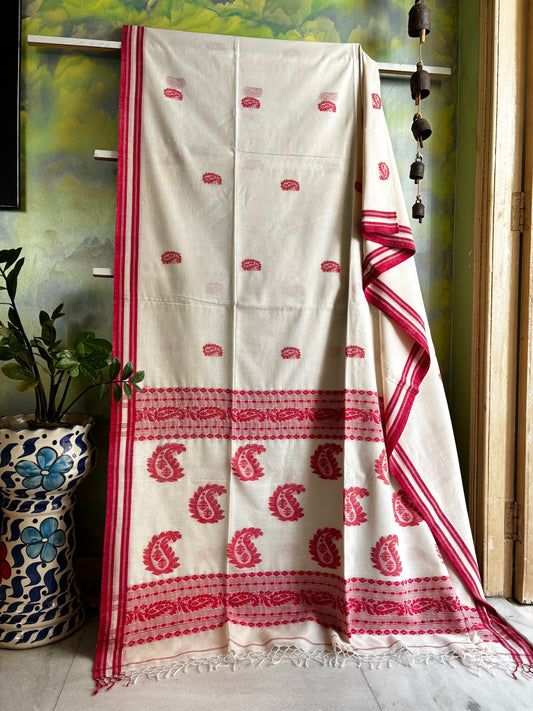 Handwoven Offwhite Red Cotton Jamdani Saree
