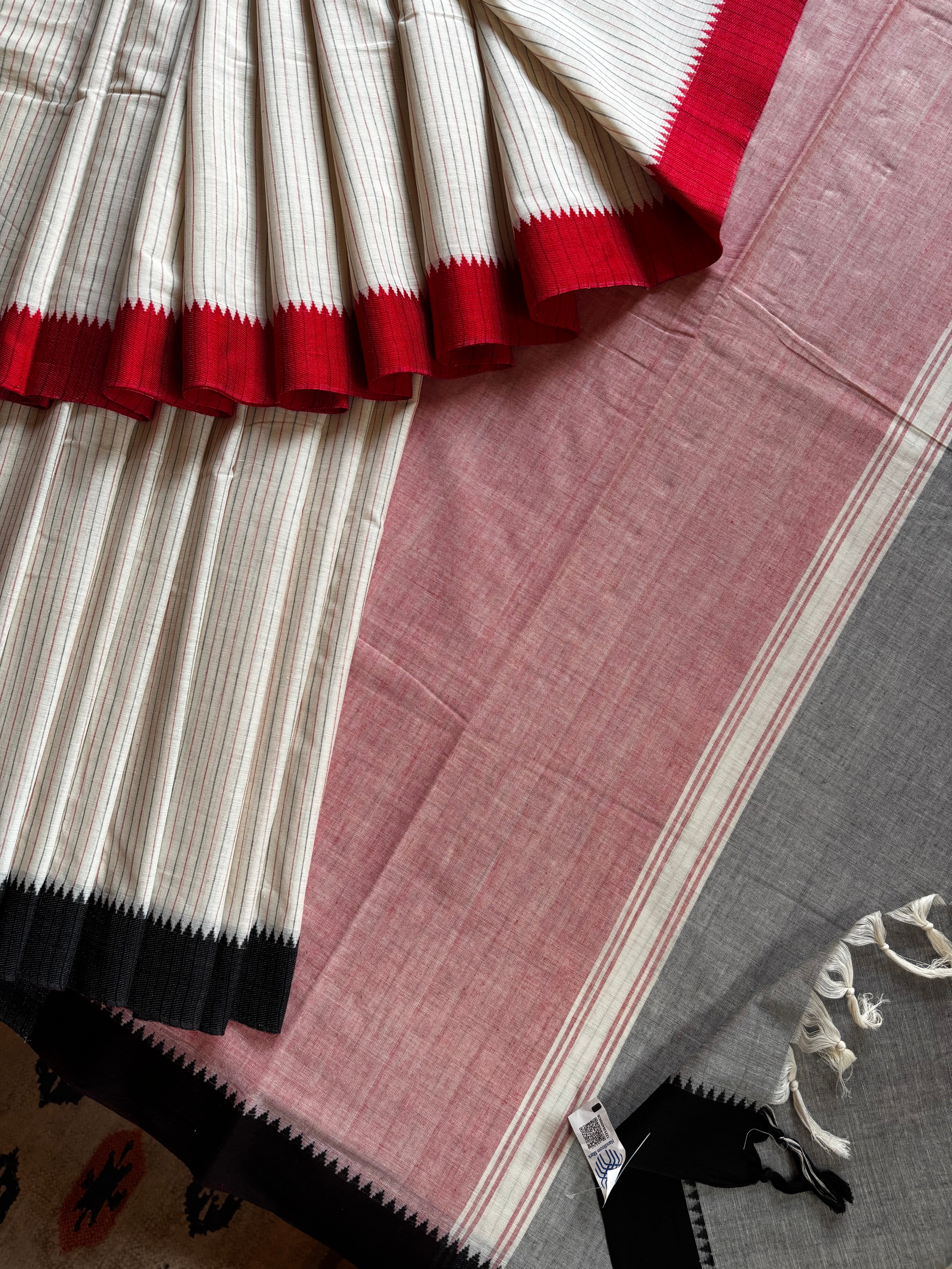 Handwoven White Colour Striped Pure Cotton Begampuri Saree