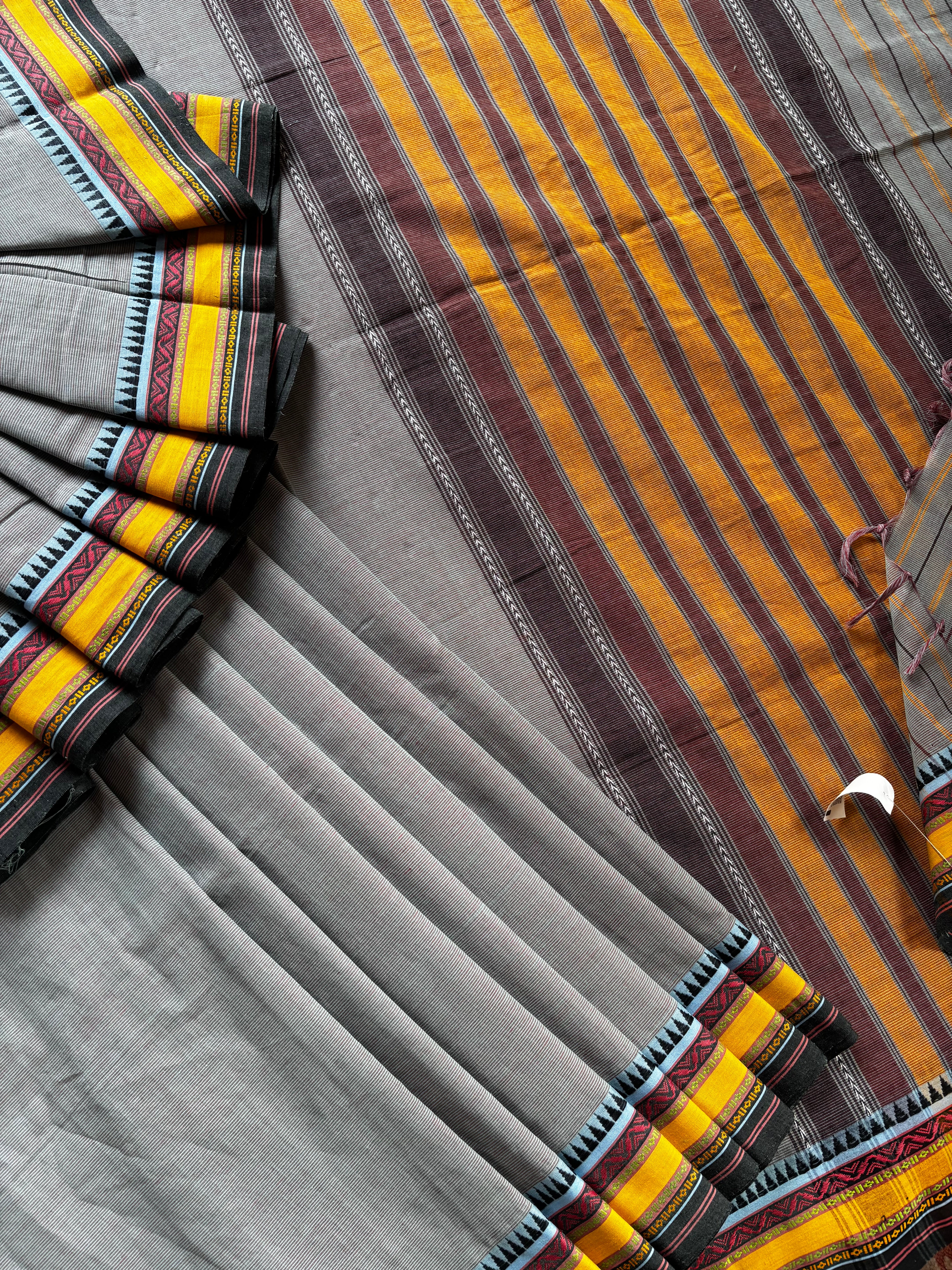 Handwoven Greenish Grey Colour Striped Pure Cotton Begampuri Cotton Saree