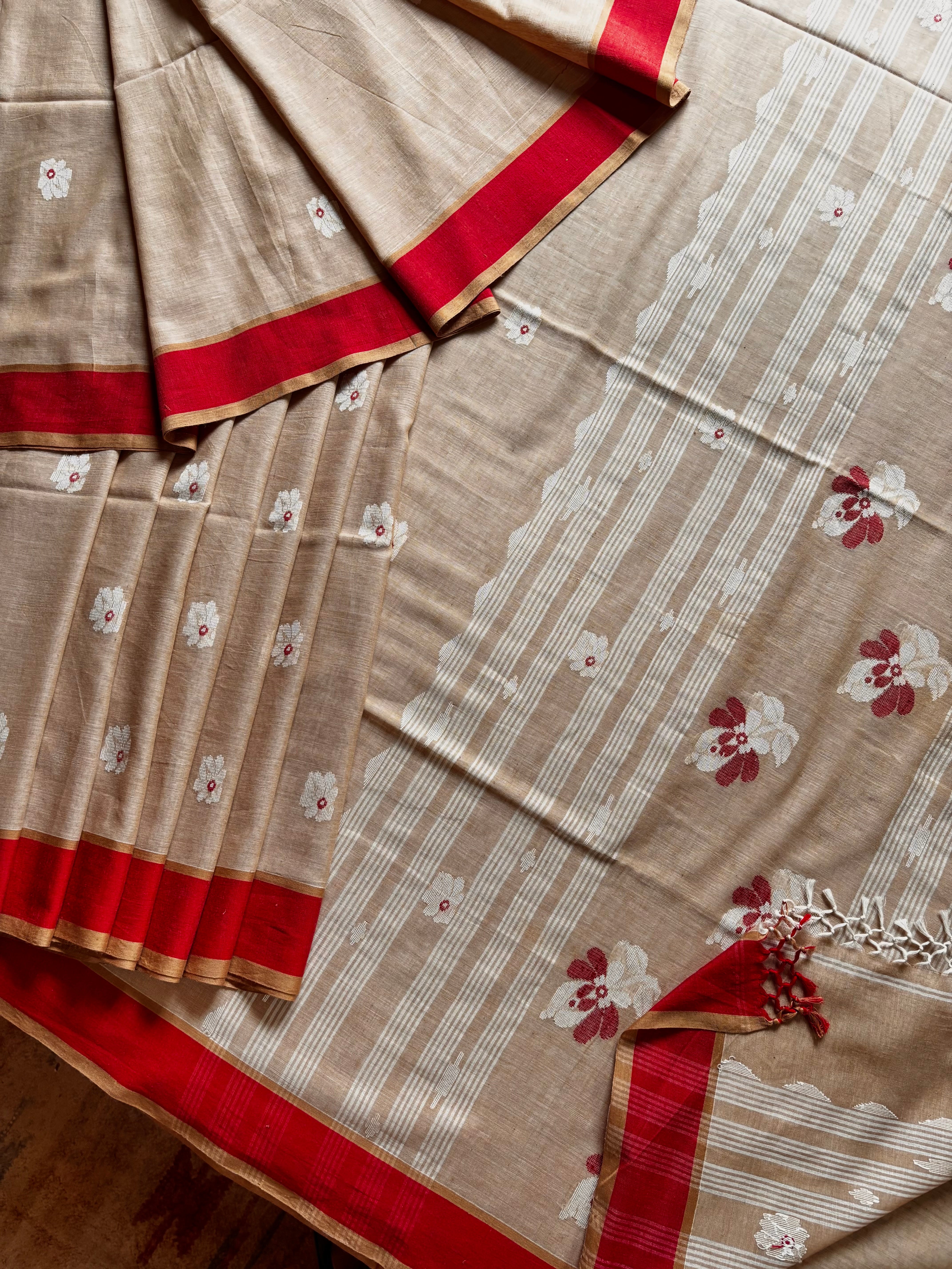 Handwoven Sandalwood Colour Cotton Jamdani Saree