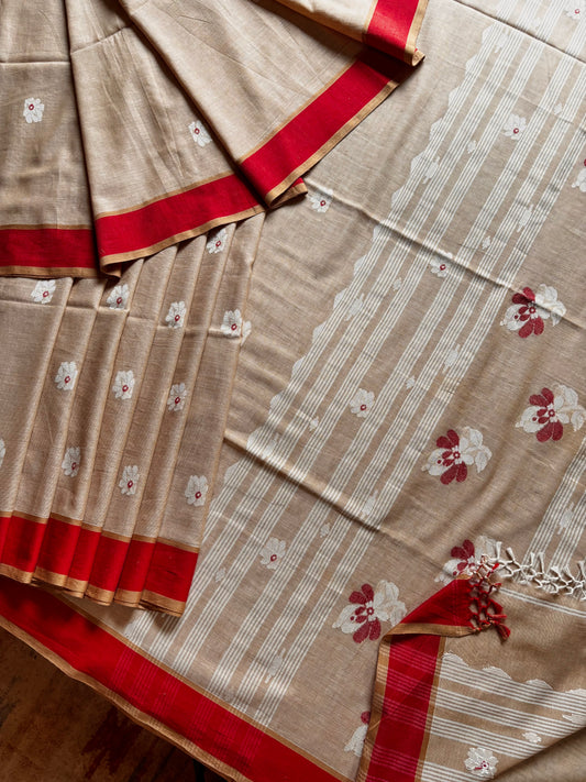 Handwoven Sandalwood Colour Cotton Jamdani Saree