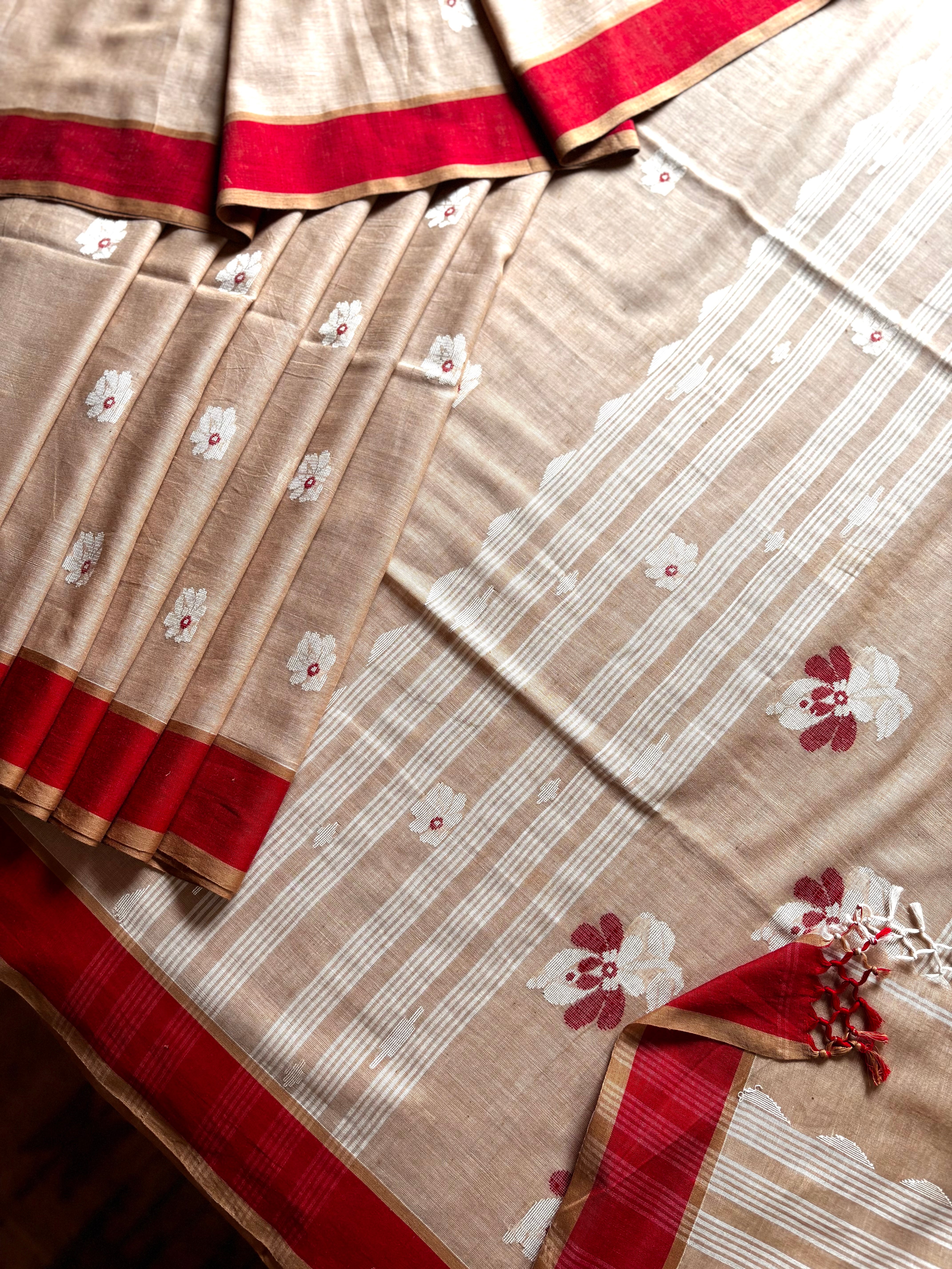Handwoven Sandalwood Colour Cotton Jamdani Saree