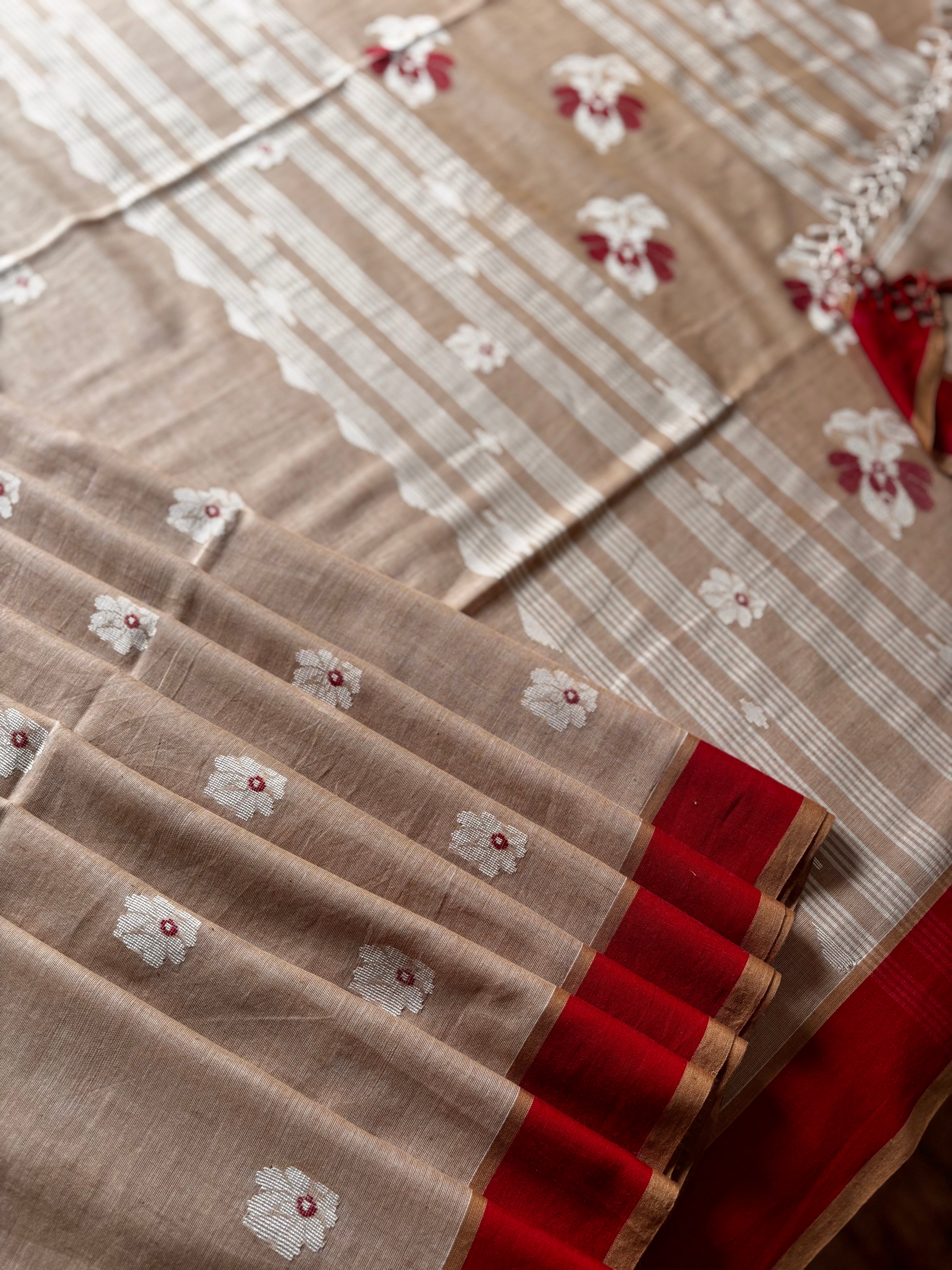 Handwoven Sandalwood Colour Cotton Jamdani Saree