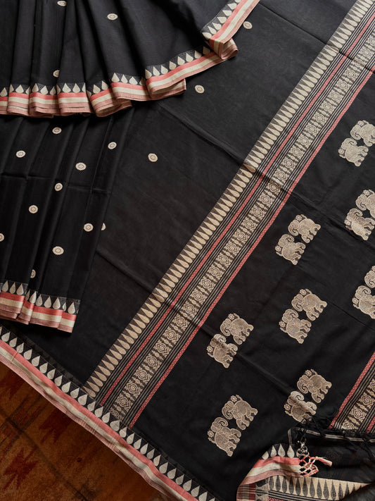 Handwoven Black Colour Phulia Cotton Saree