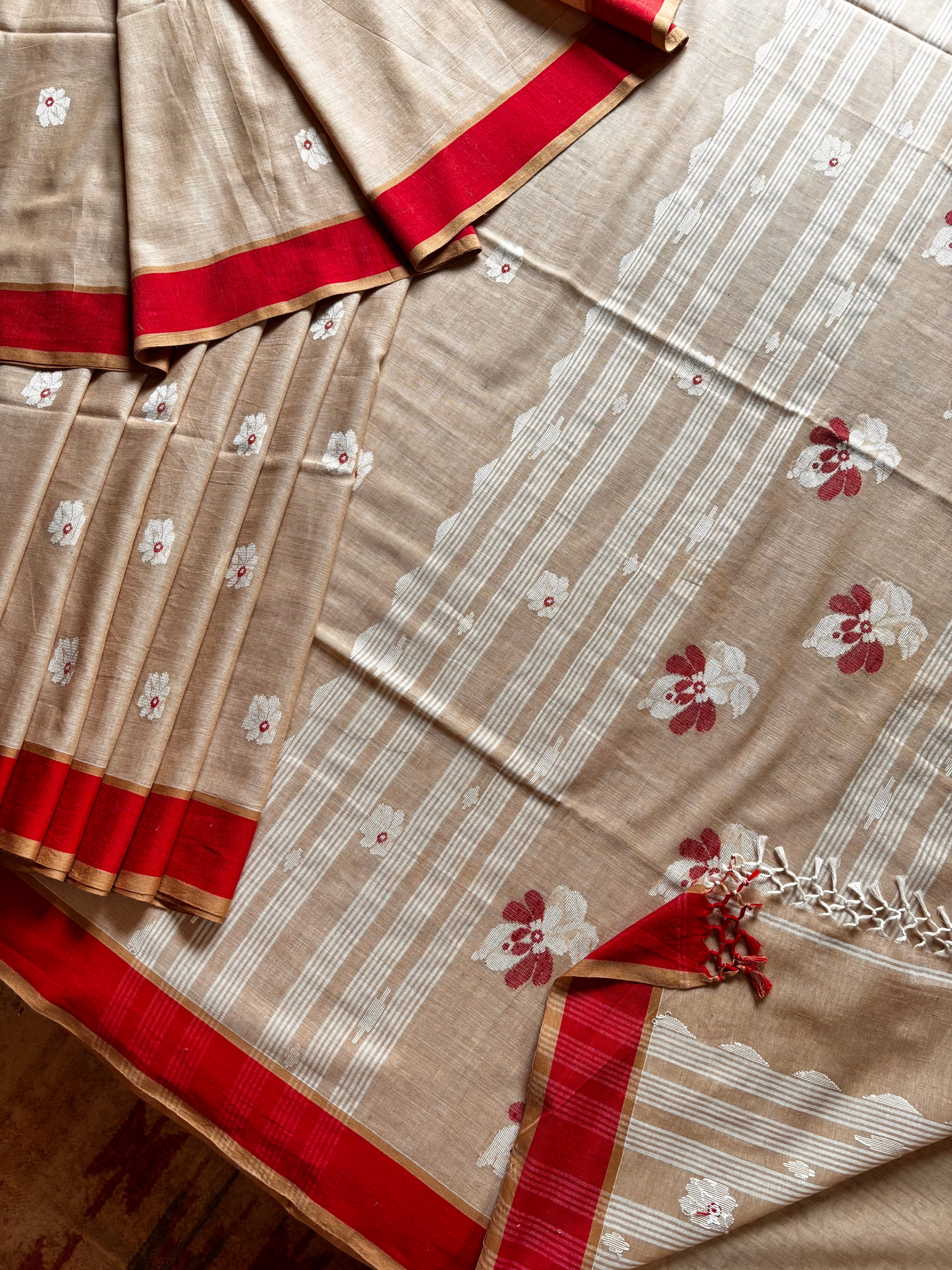 Handwoven Sandalwood Colour Cotton Jamdani Saree