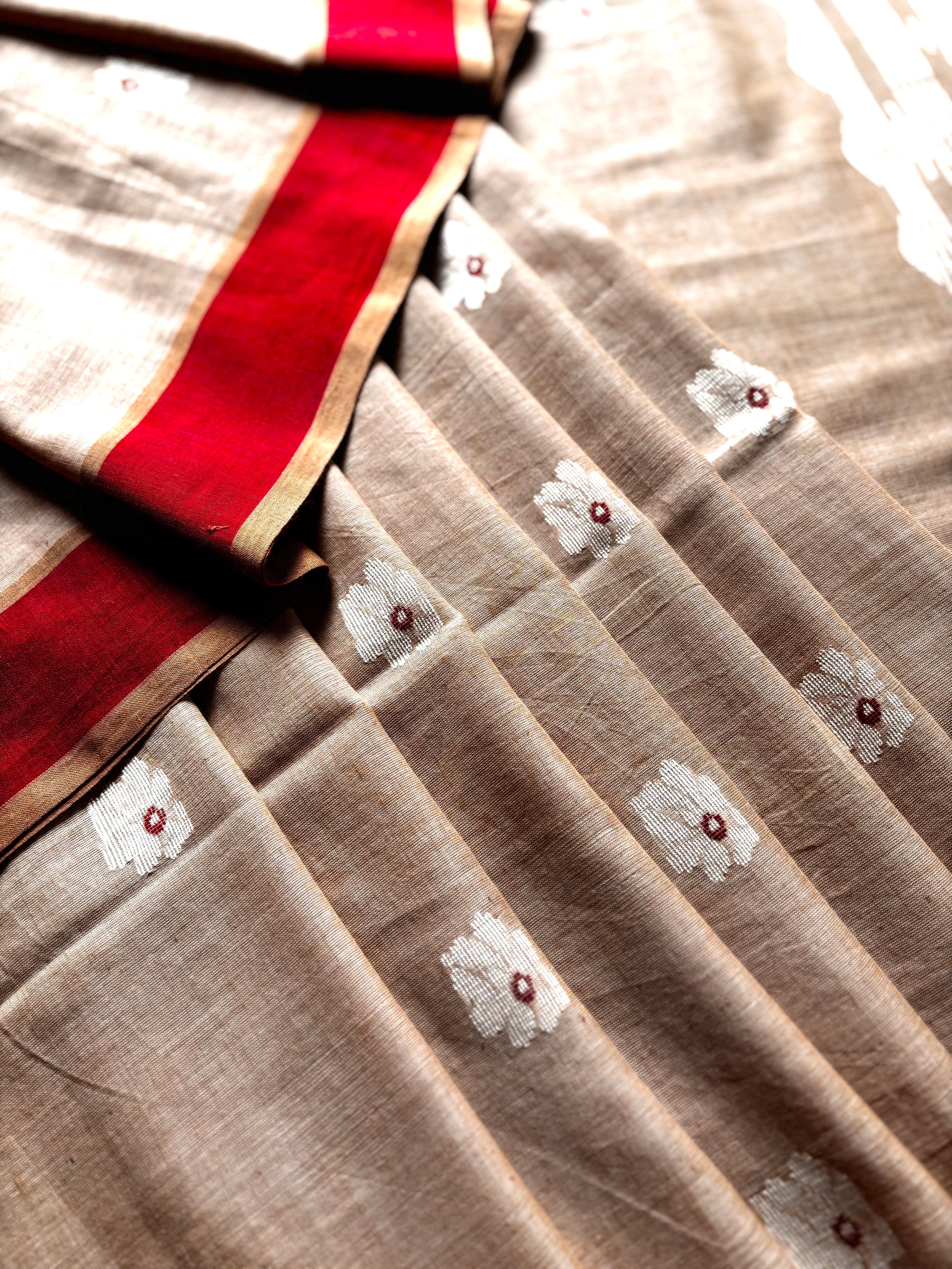 Handwoven Sandalwood Colour Cotton Jamdani Saree