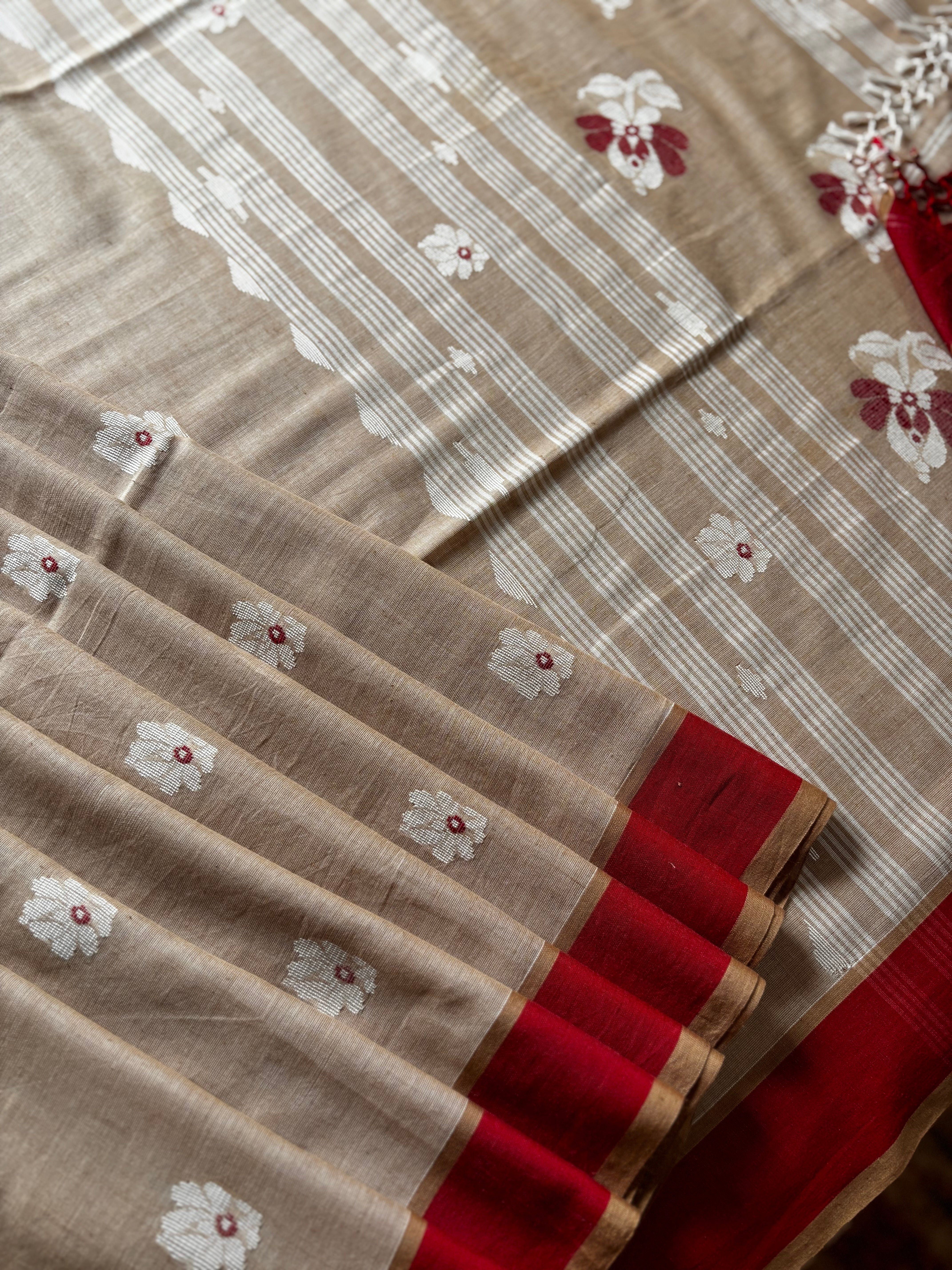 Handwoven Sandalwood Colour Cotton Jamdani Saree