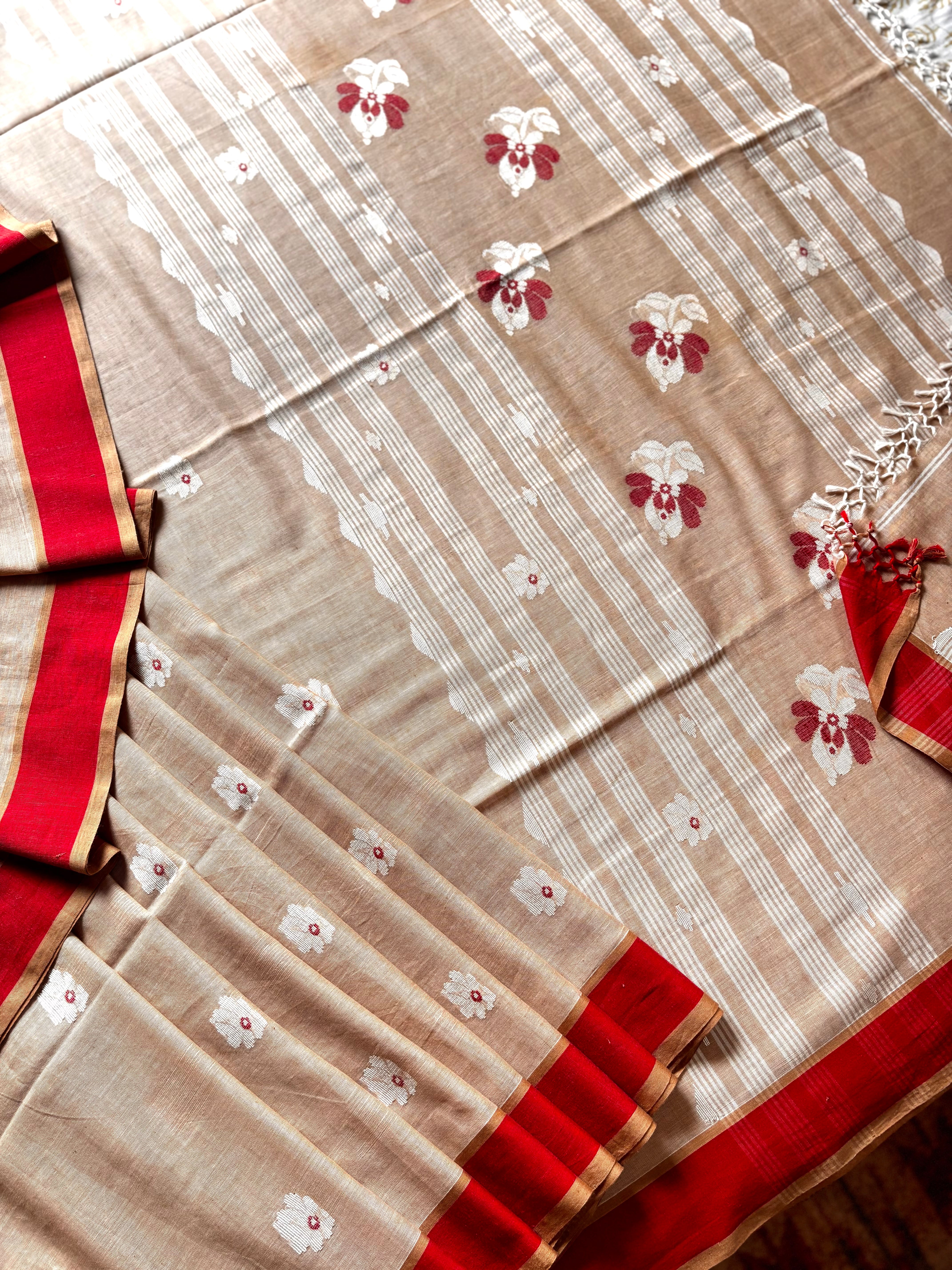 Handwoven Sandalwood Colour Cotton Jamdani Saree