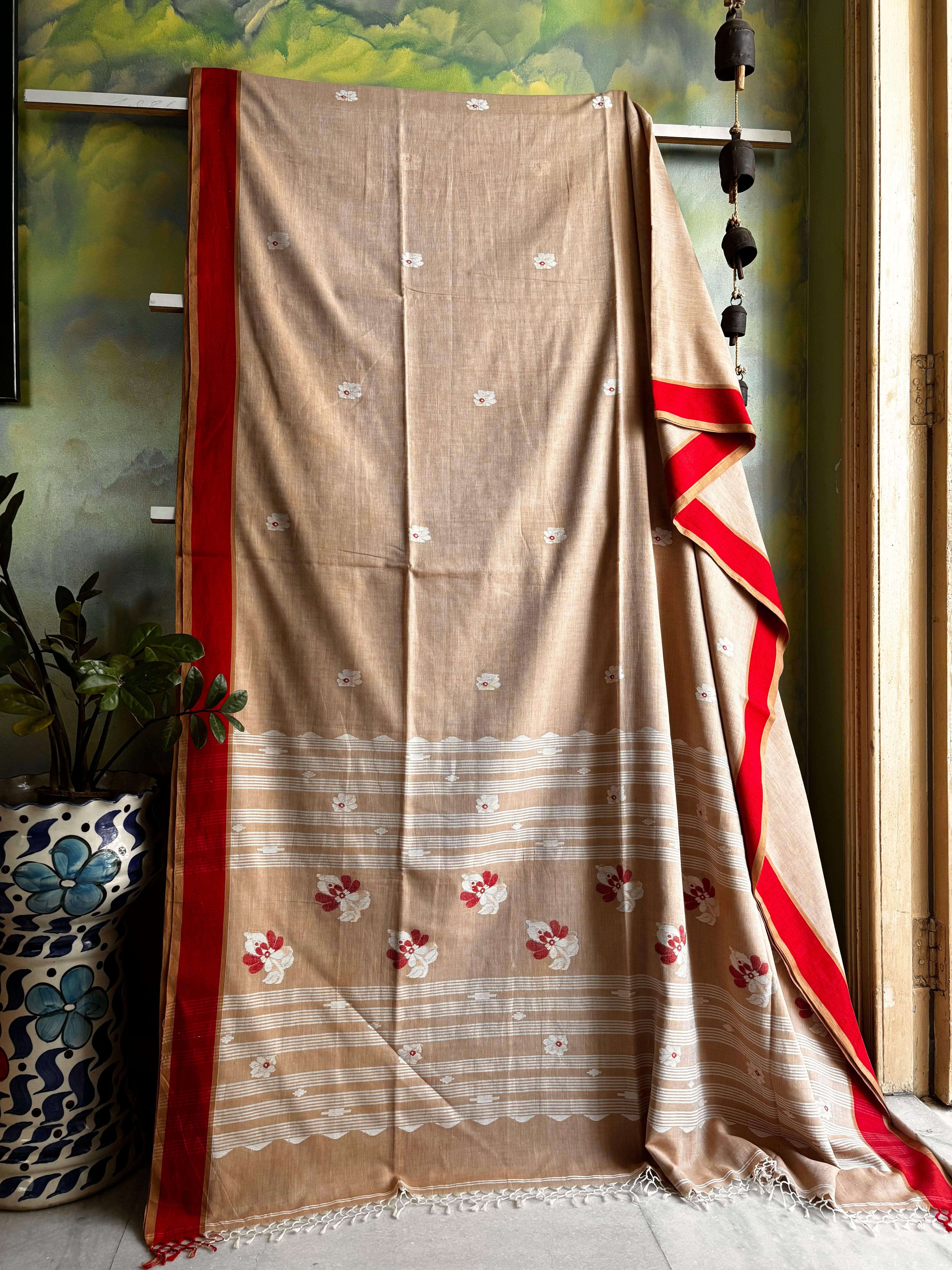 Handwoven Sandalwood Colour Cotton Jamdani Saree