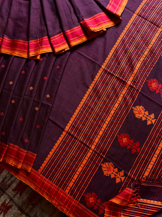 Handwoven Garnet Colour Phulia Cotton Saree