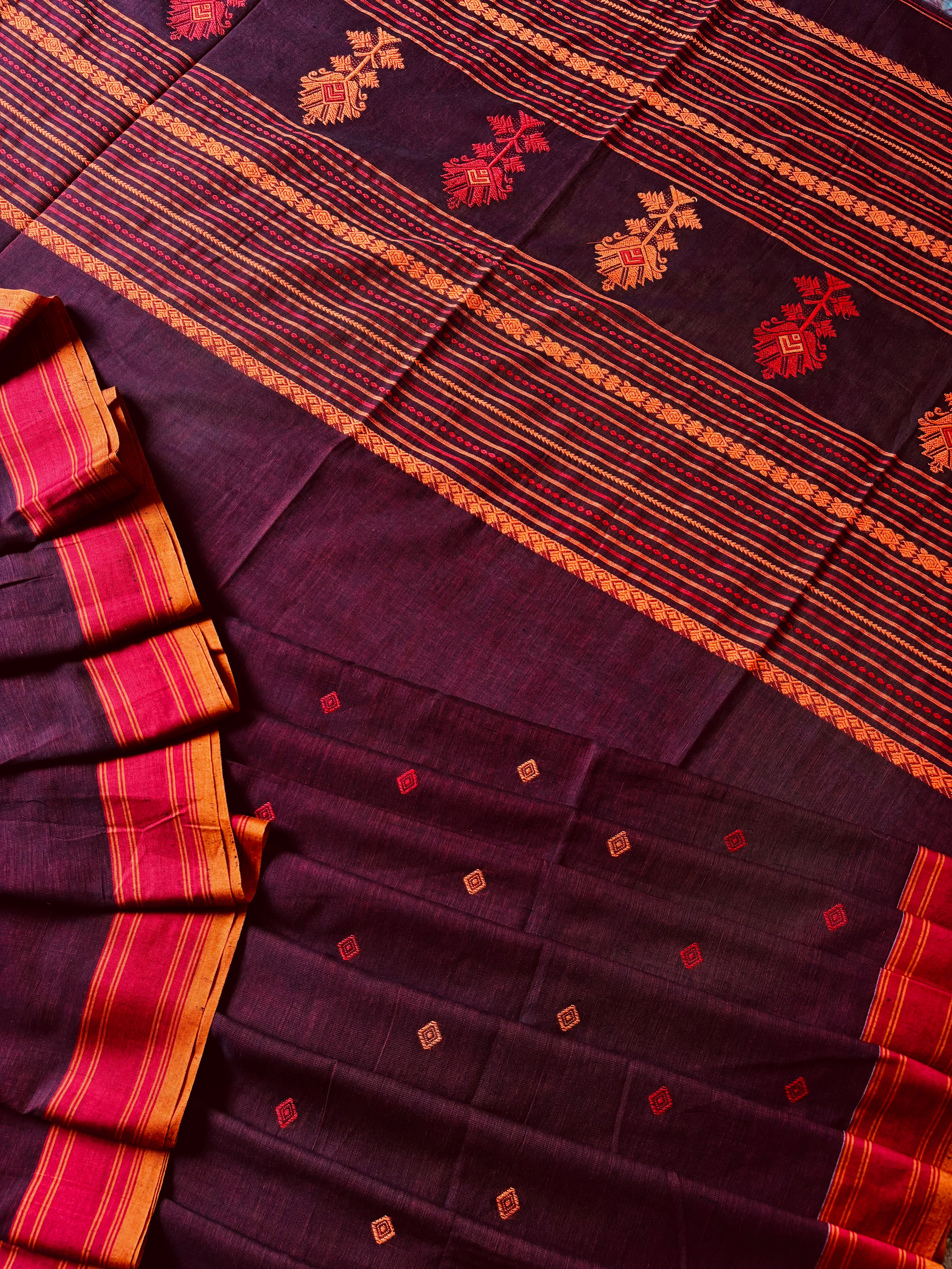 Handwoven Garnet Colour Phulia Cotton Saree