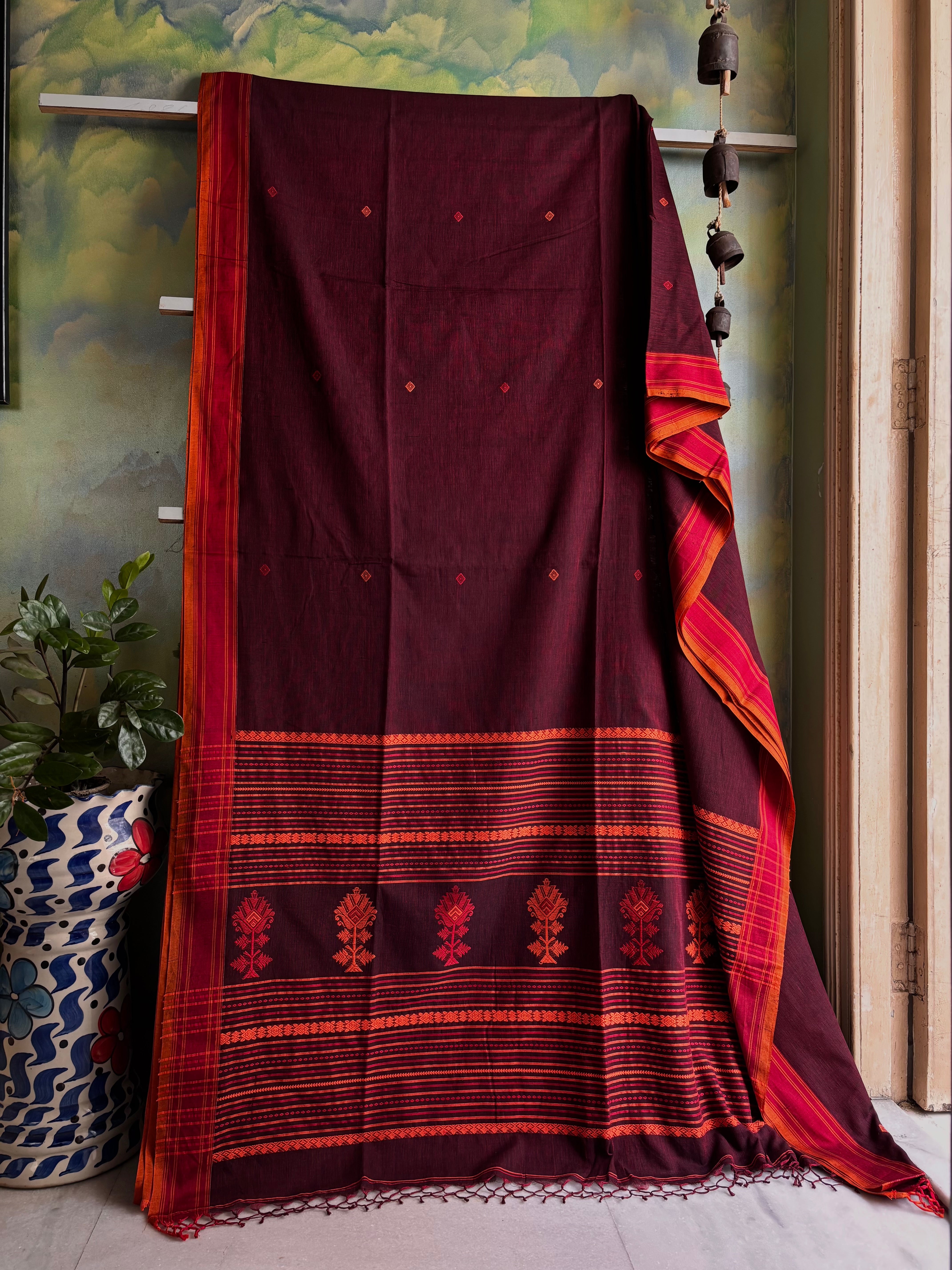 Handwoven Garnet Colour Phulia Cotton Saree