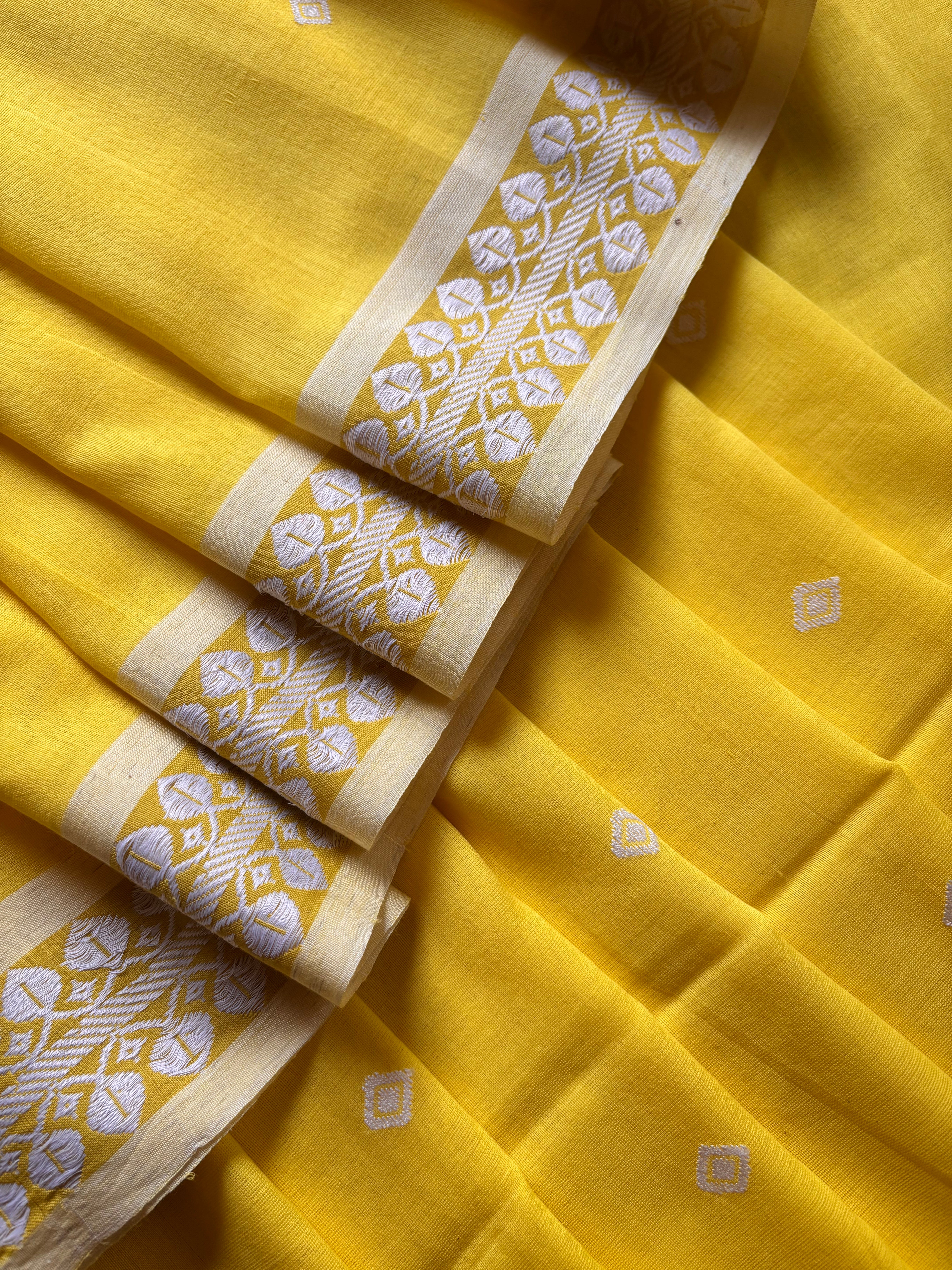 Handwoven Lemon Yellow Colour Phulia Cotton Saree