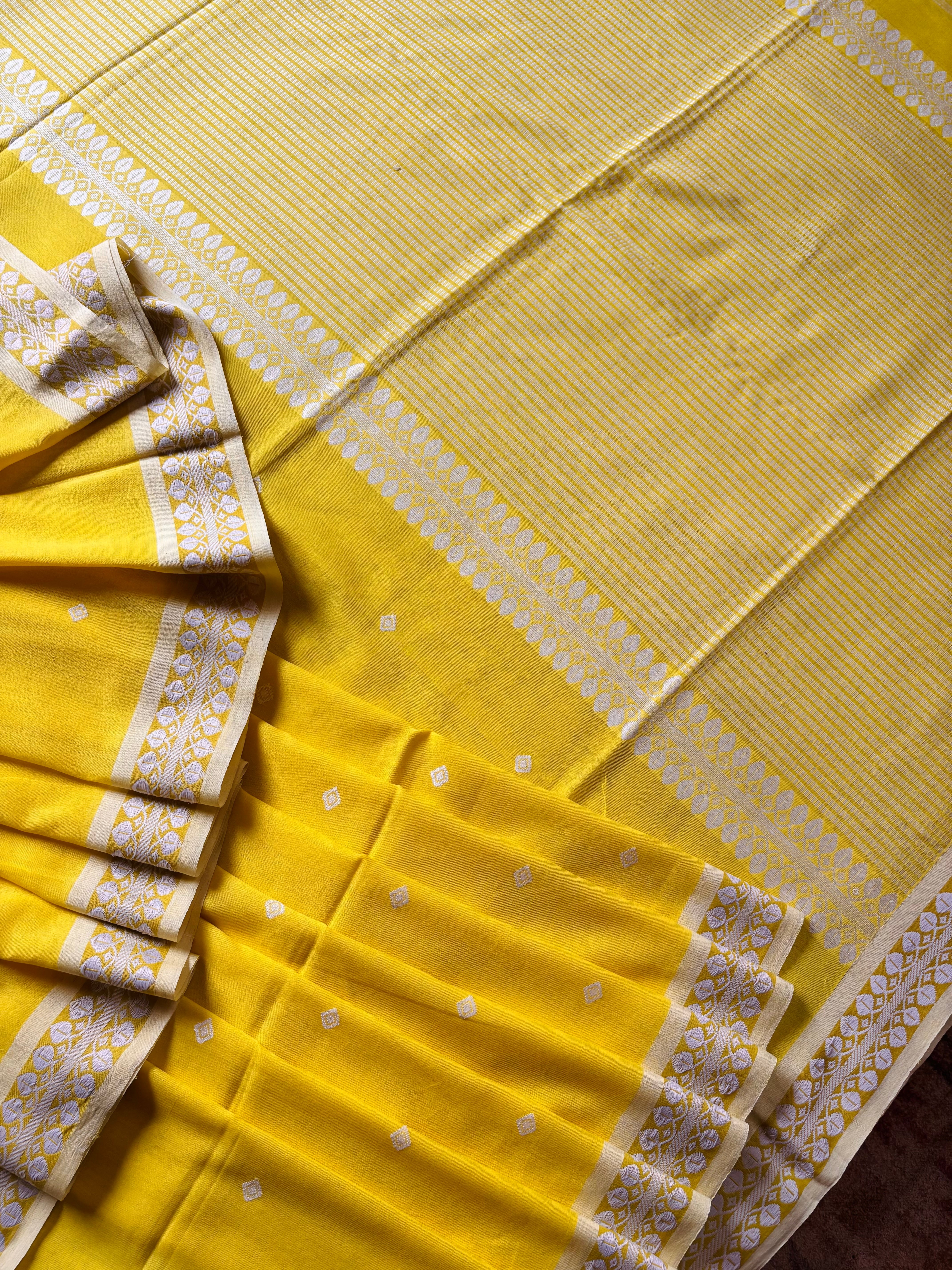 Handwoven Lemon Yellow Colour Phulia Cotton Saree