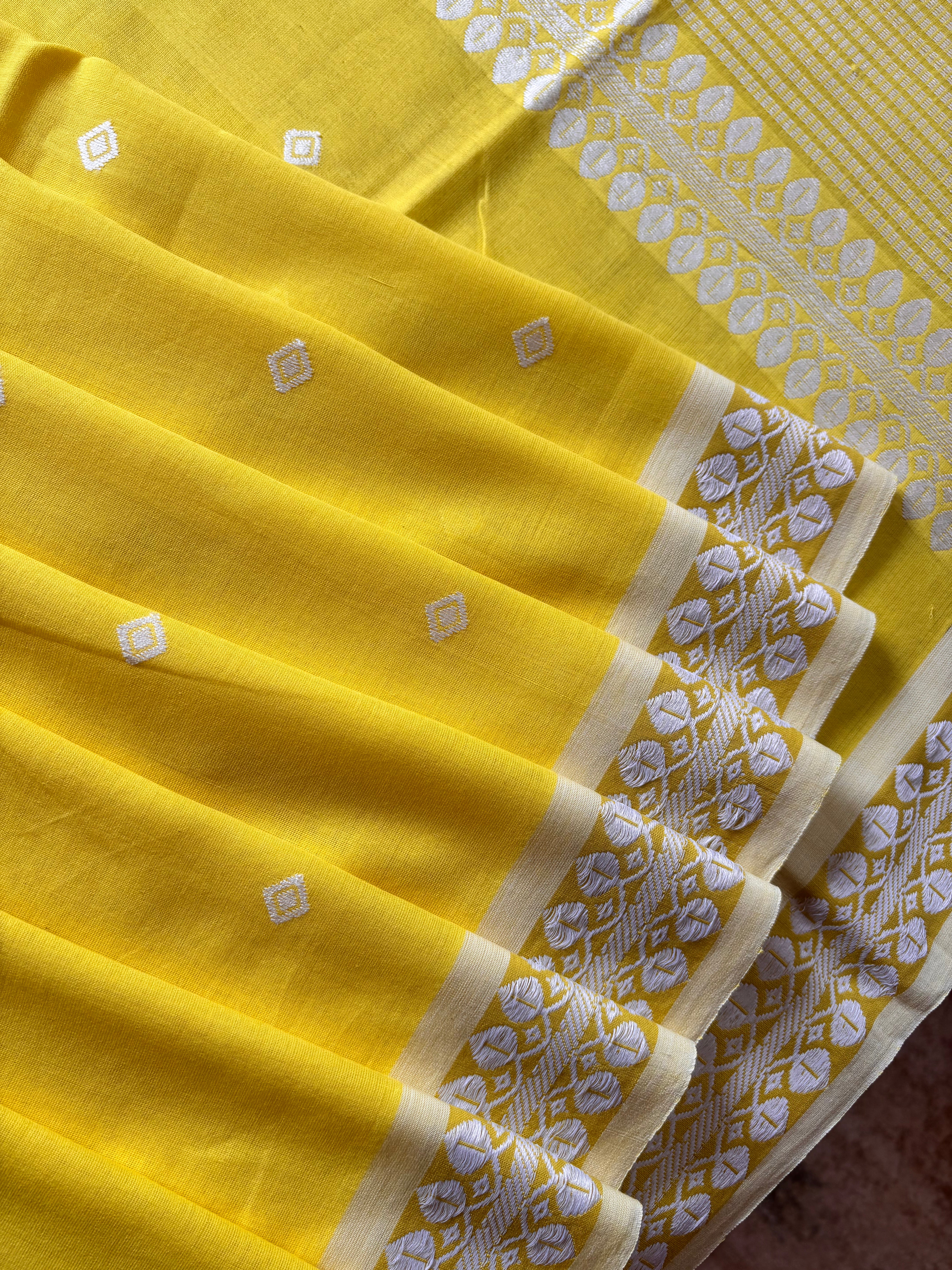 Handwoven Lemon Yellow Colour Phulia Cotton Saree