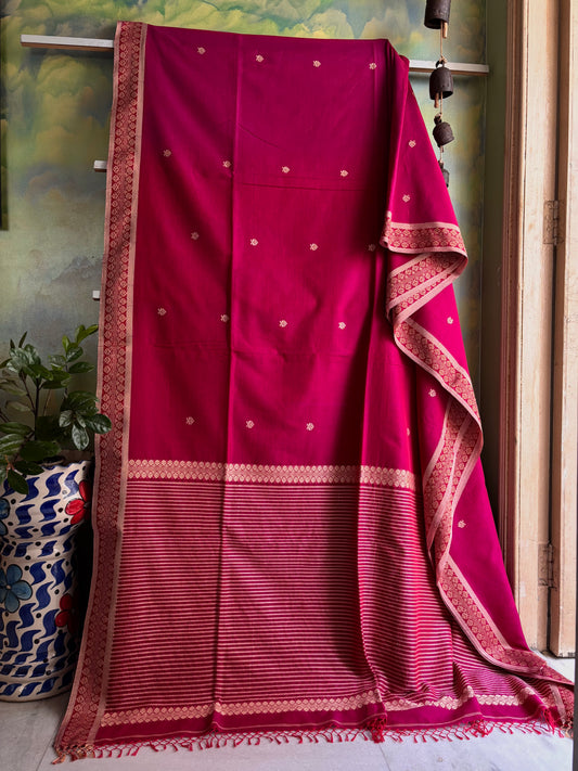 Handwoven Pink Red Dual Toned Phulia Cotton Saree