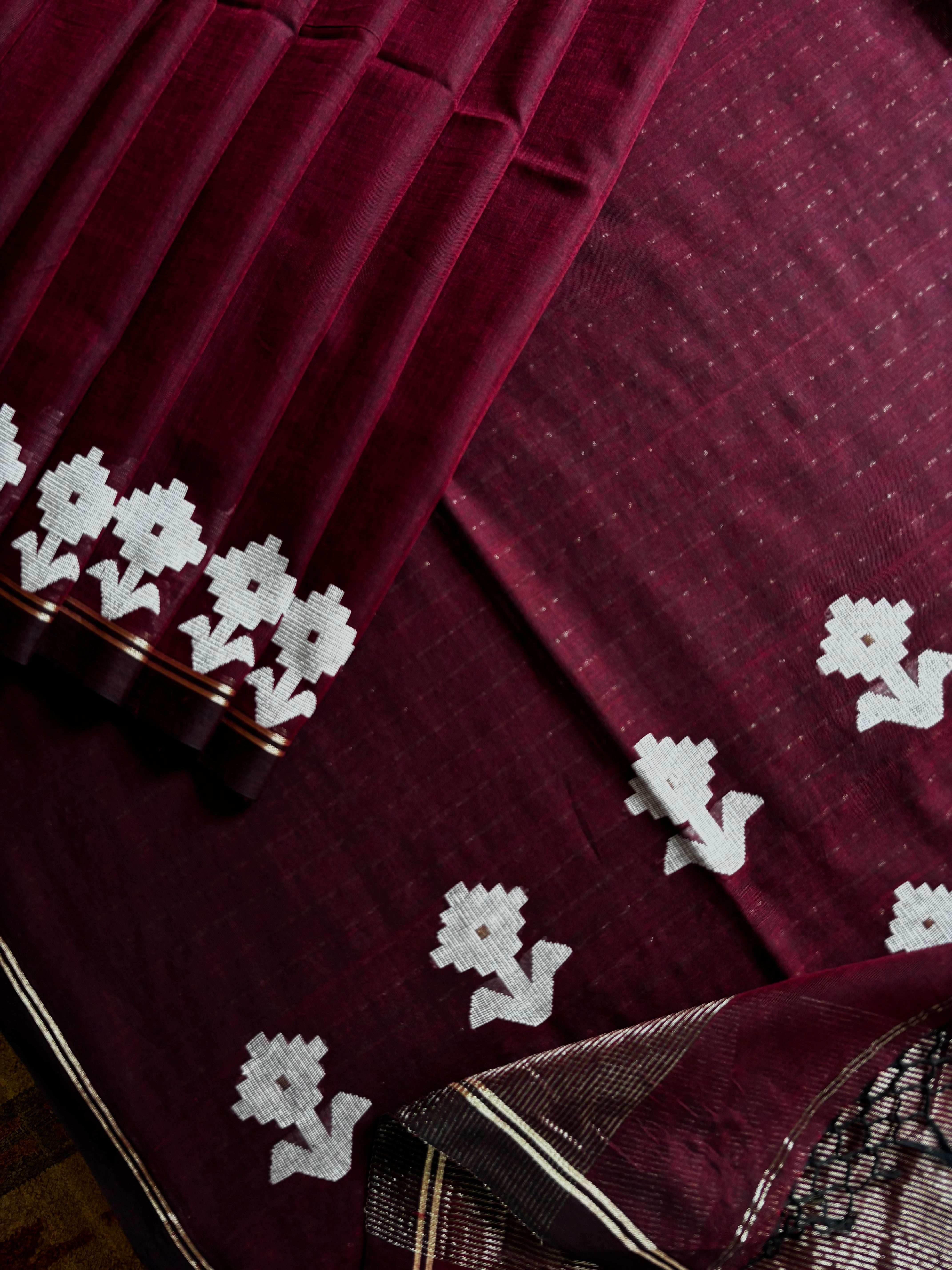 Handwoven Wine Colour Cotton Jamdani Saree