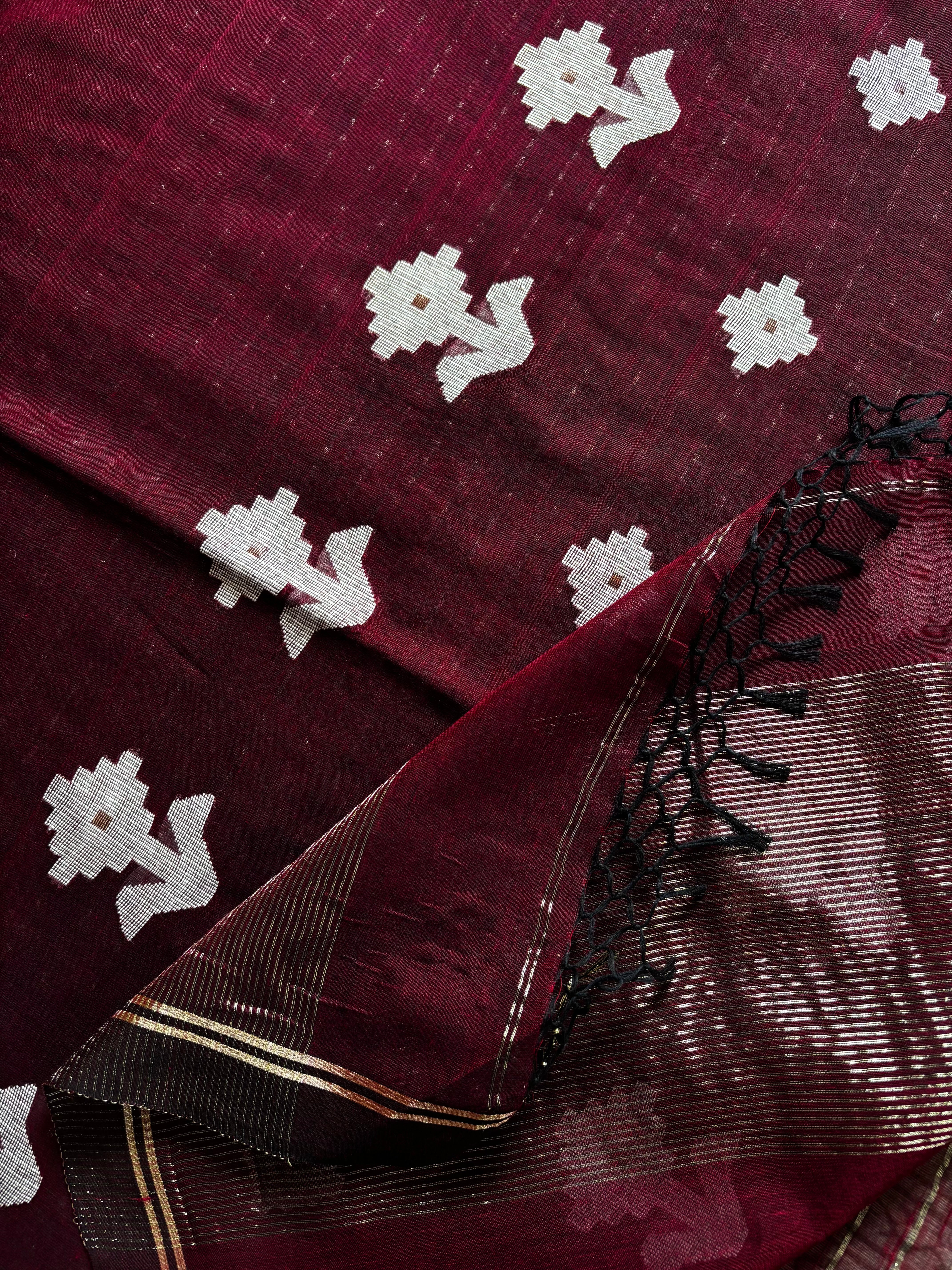 Handwoven Wine Colour Cotton Jamdani Saree